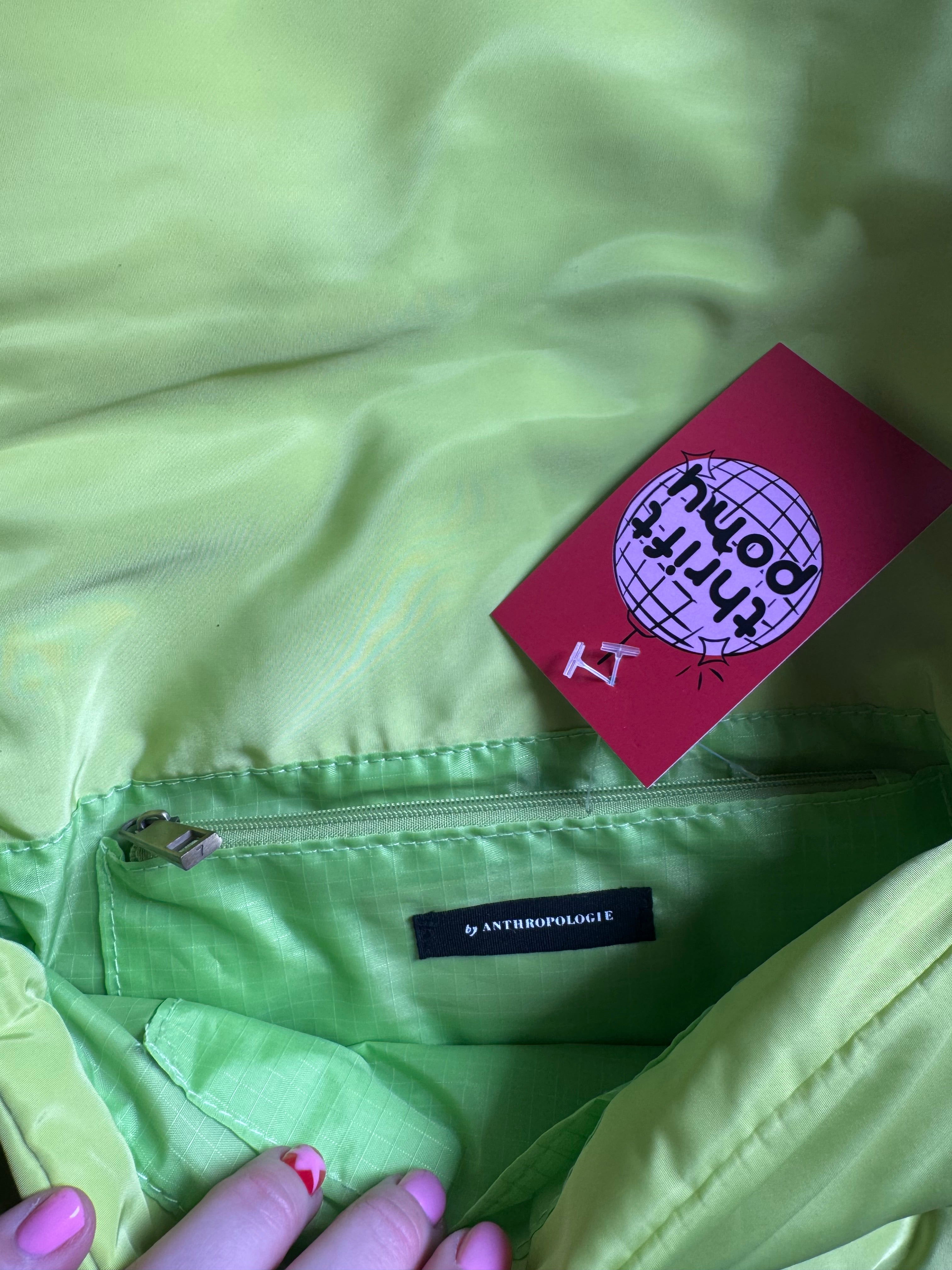 neon green anthropologie windbreaker weave bag