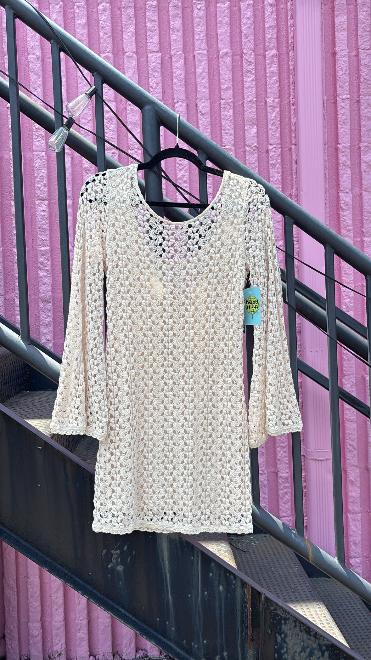 cream free people crochet ls open back dress, S