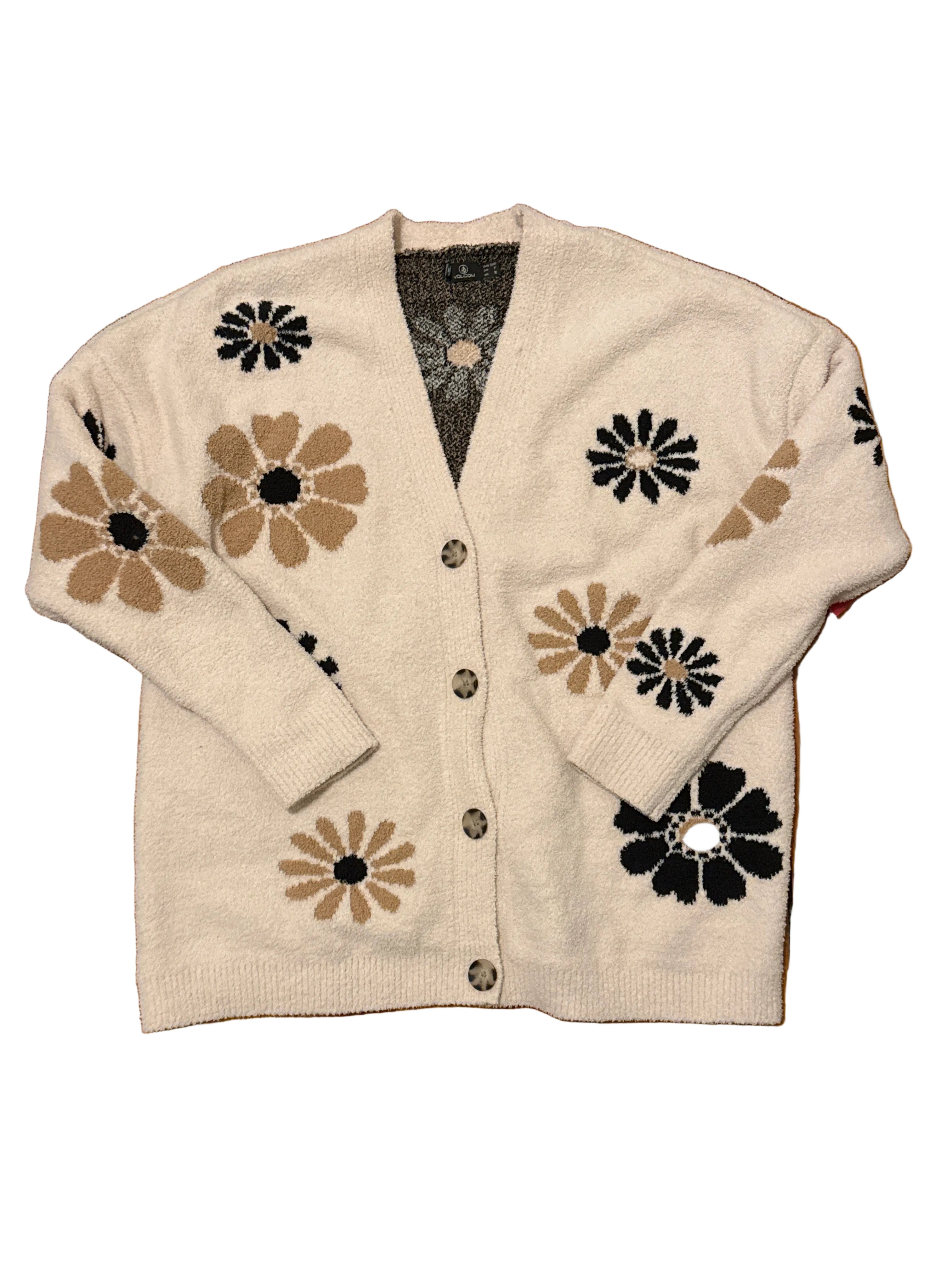 tan brown volcom floral teddy cardigan, s