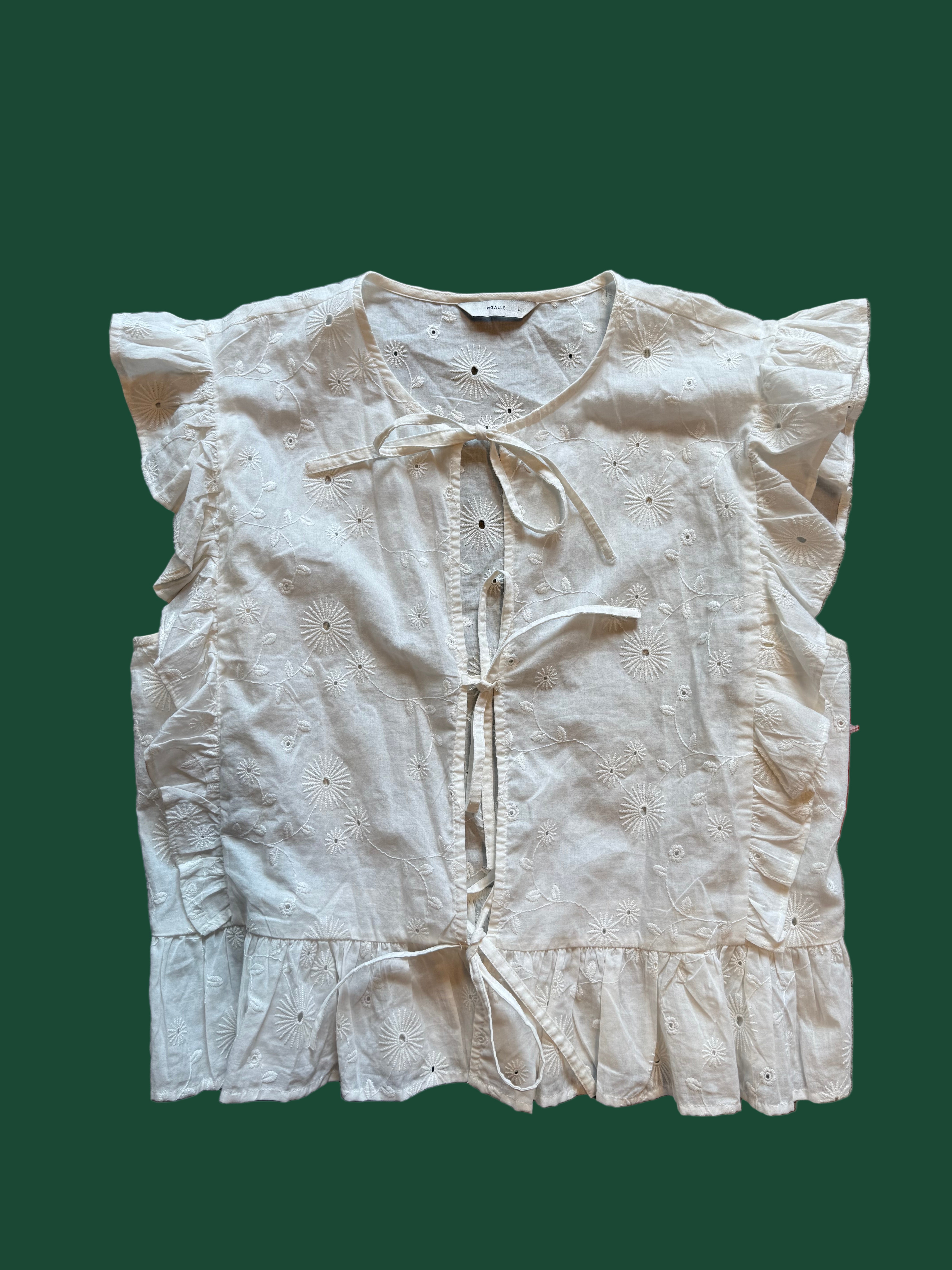white pigalle eyelet front tie blouse, L