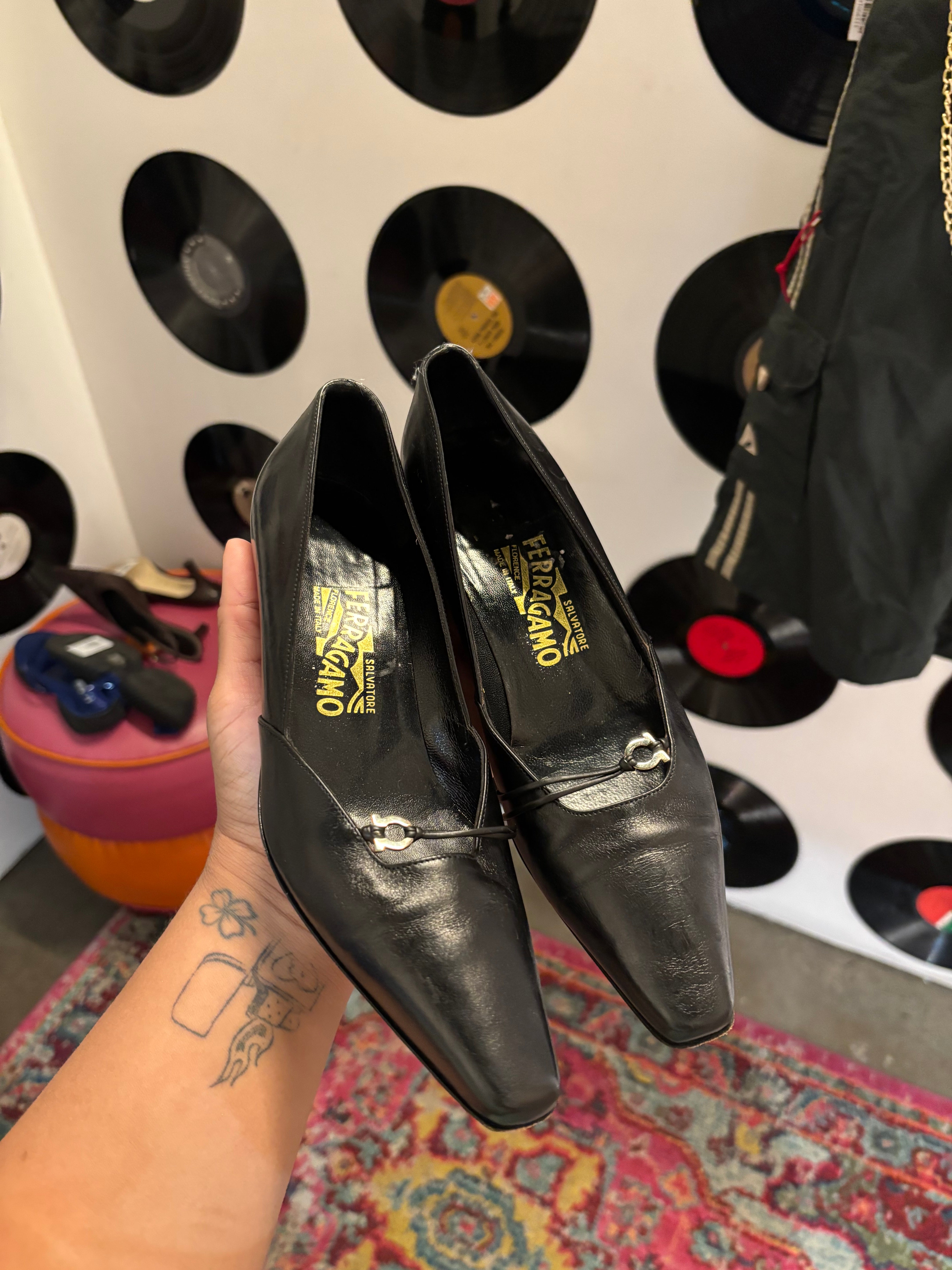 black ferragamo pointed kitten heels, 6
