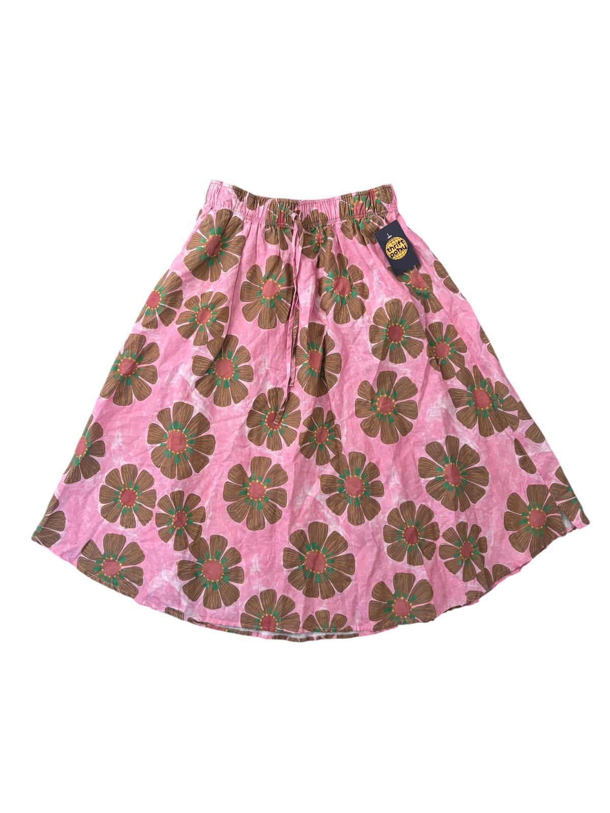 pink brown green zara floral drawstring maxi skirt, s