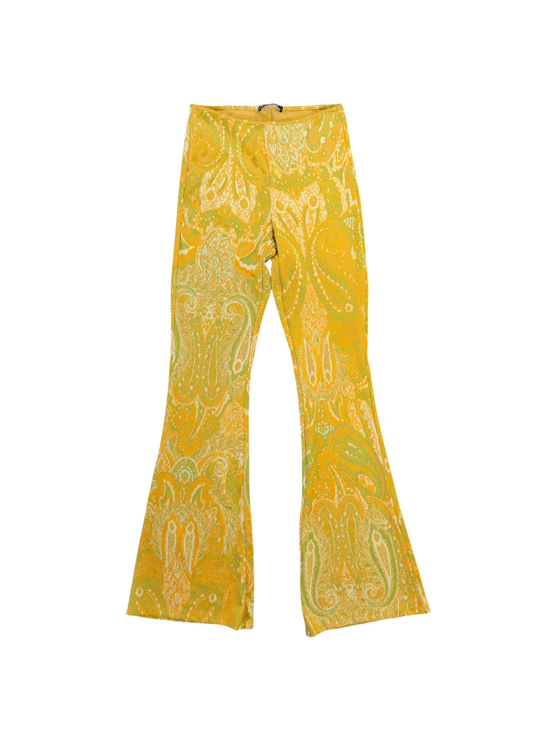 yellow green zara pattern flare pants, m