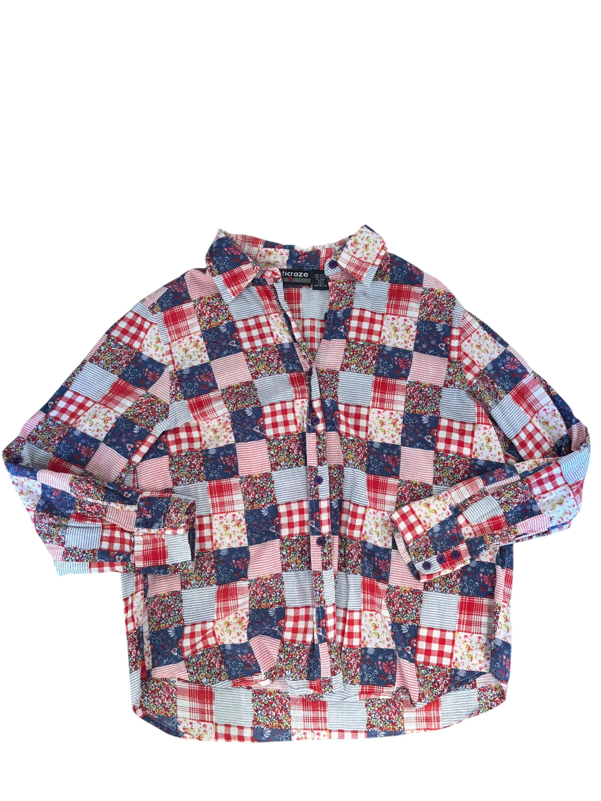 red white blue citicraze floral plaid checkered button up, L