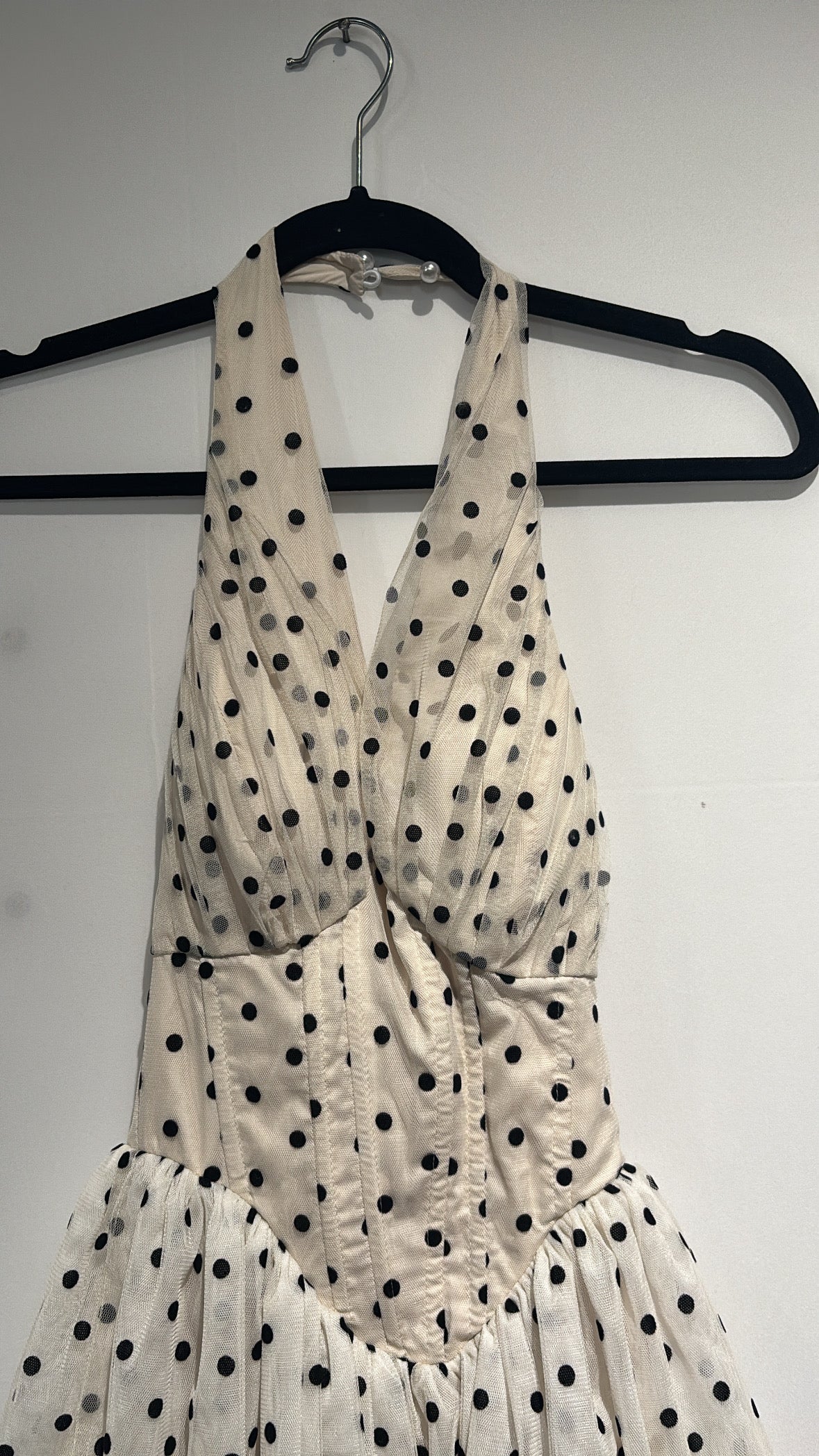 beige blacl polka dot mesh halter maxi dress, xs/s
