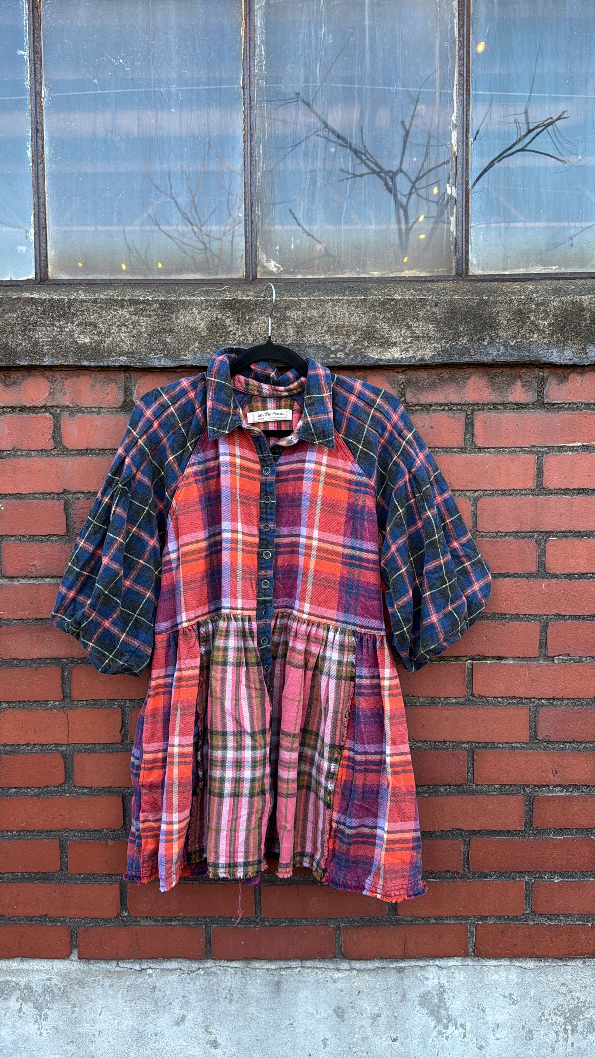 navy blue we the free plaid bubble sleeve dress, Medium