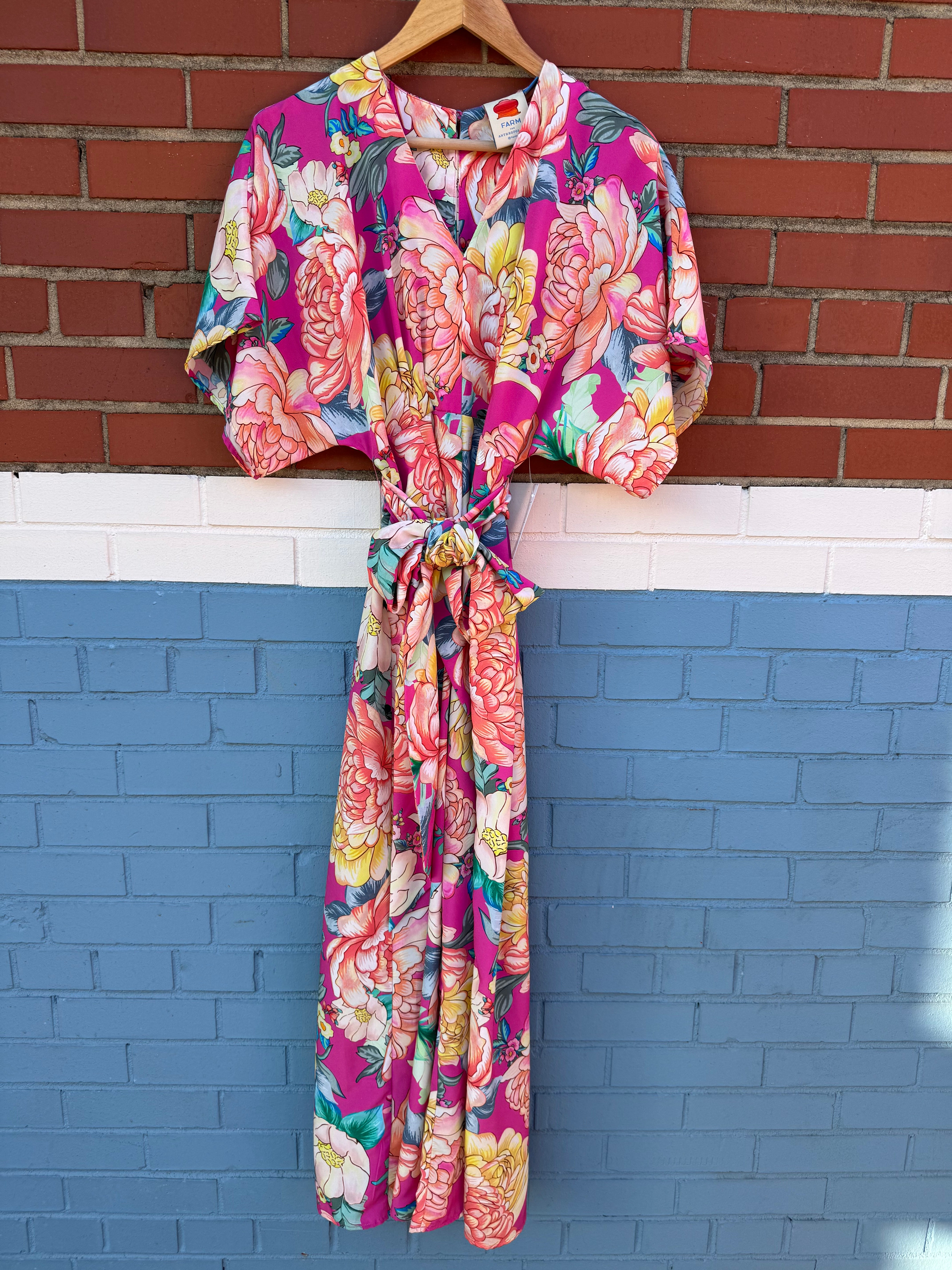 pink yellow farm rio floral jumpsuit w tie, xs