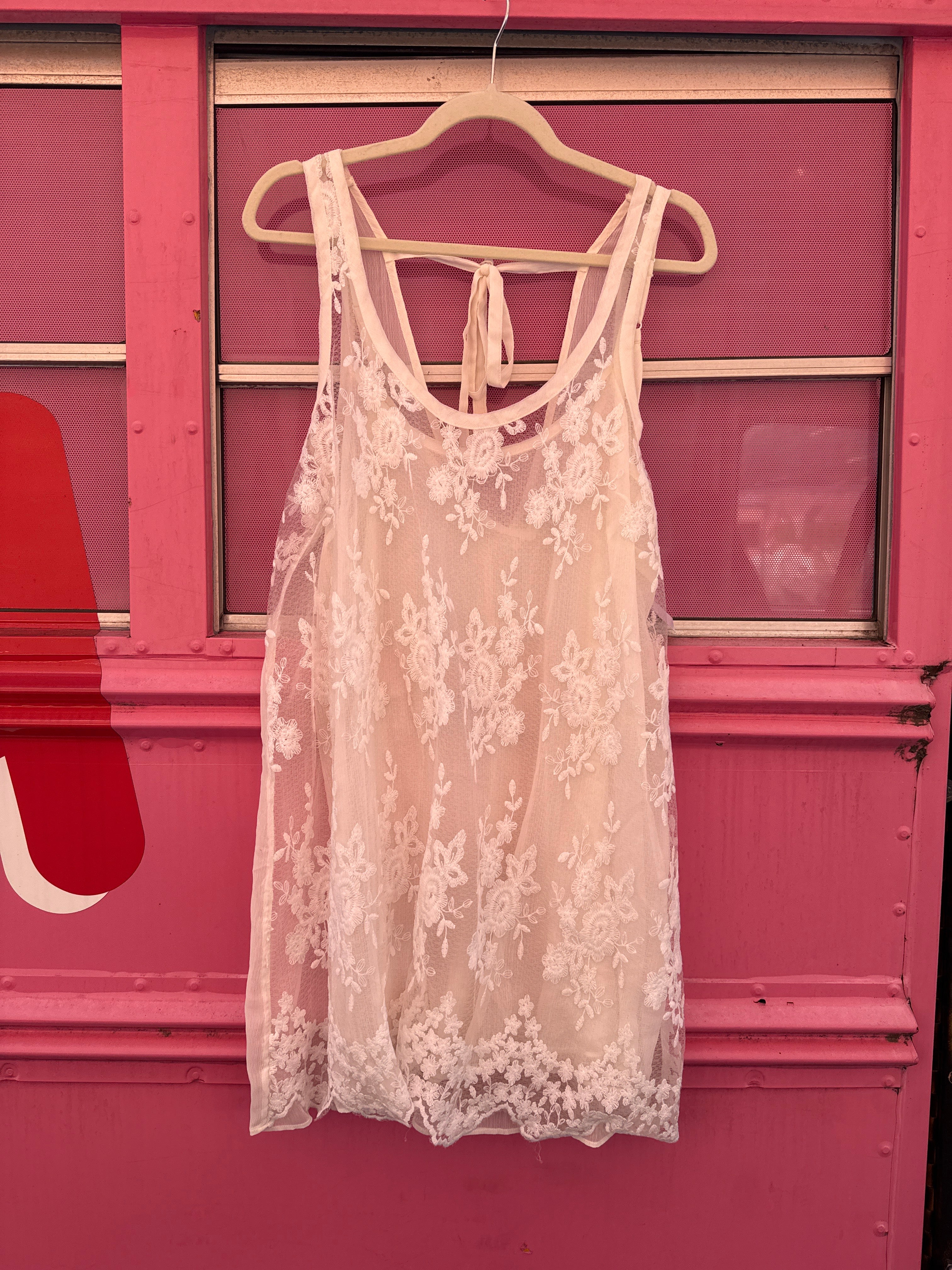 white Anthropologie floral sheer mini dress, L