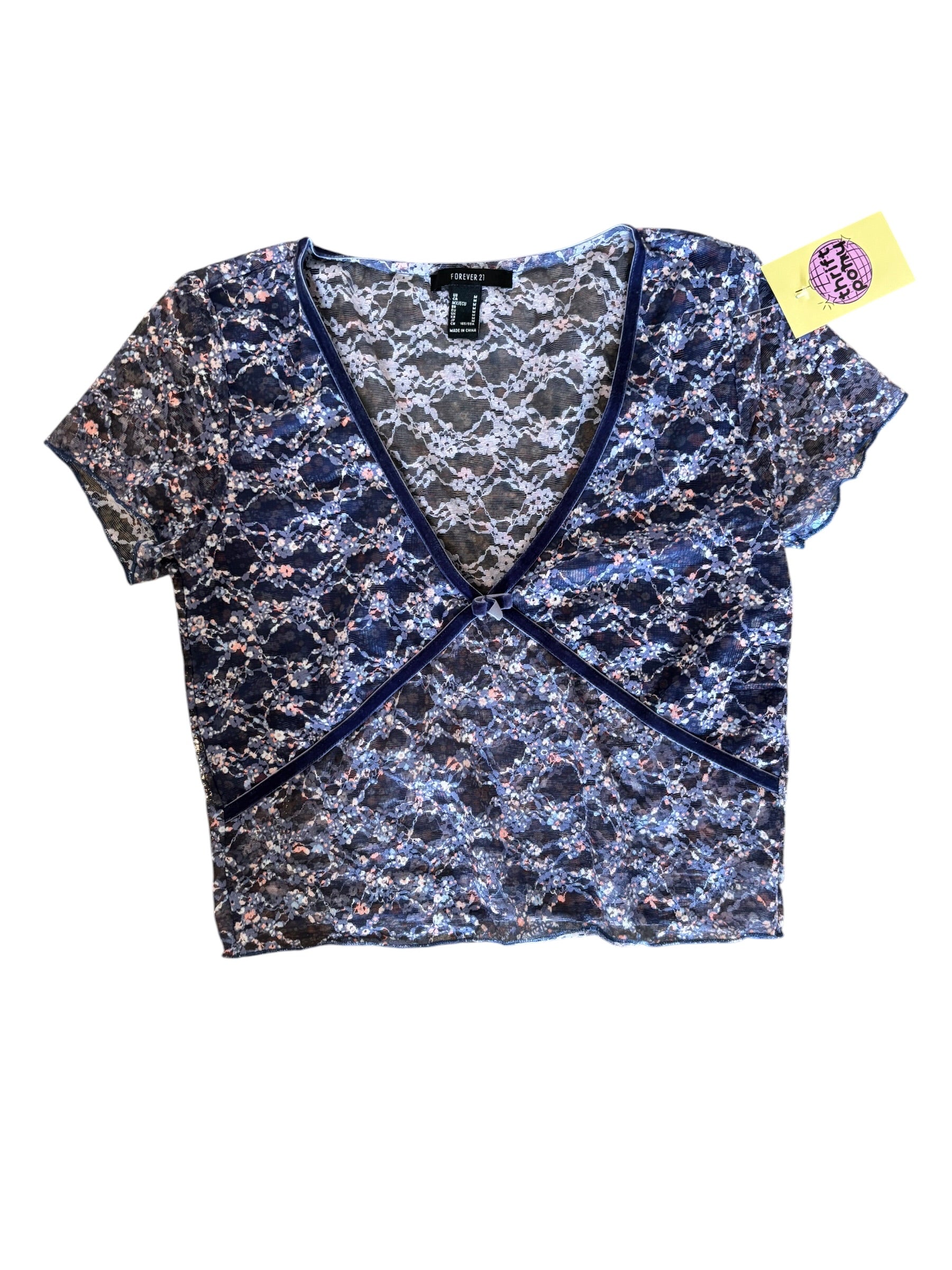 blue purple forever21 floral mesh ss top, m