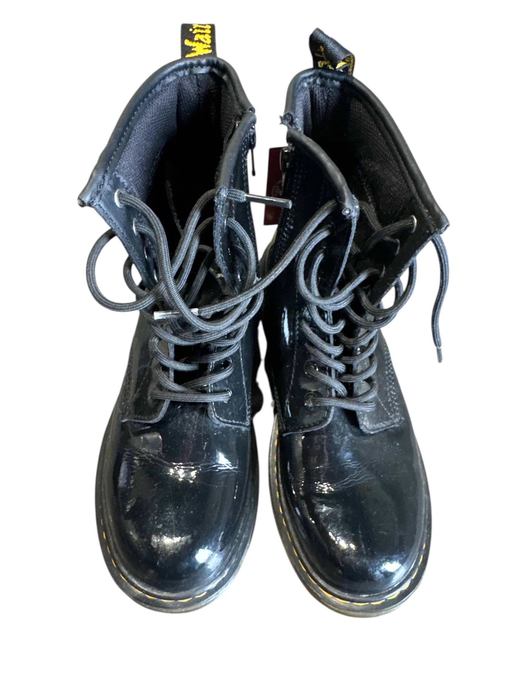 black dr martens glossy patent combat boots, 6womens