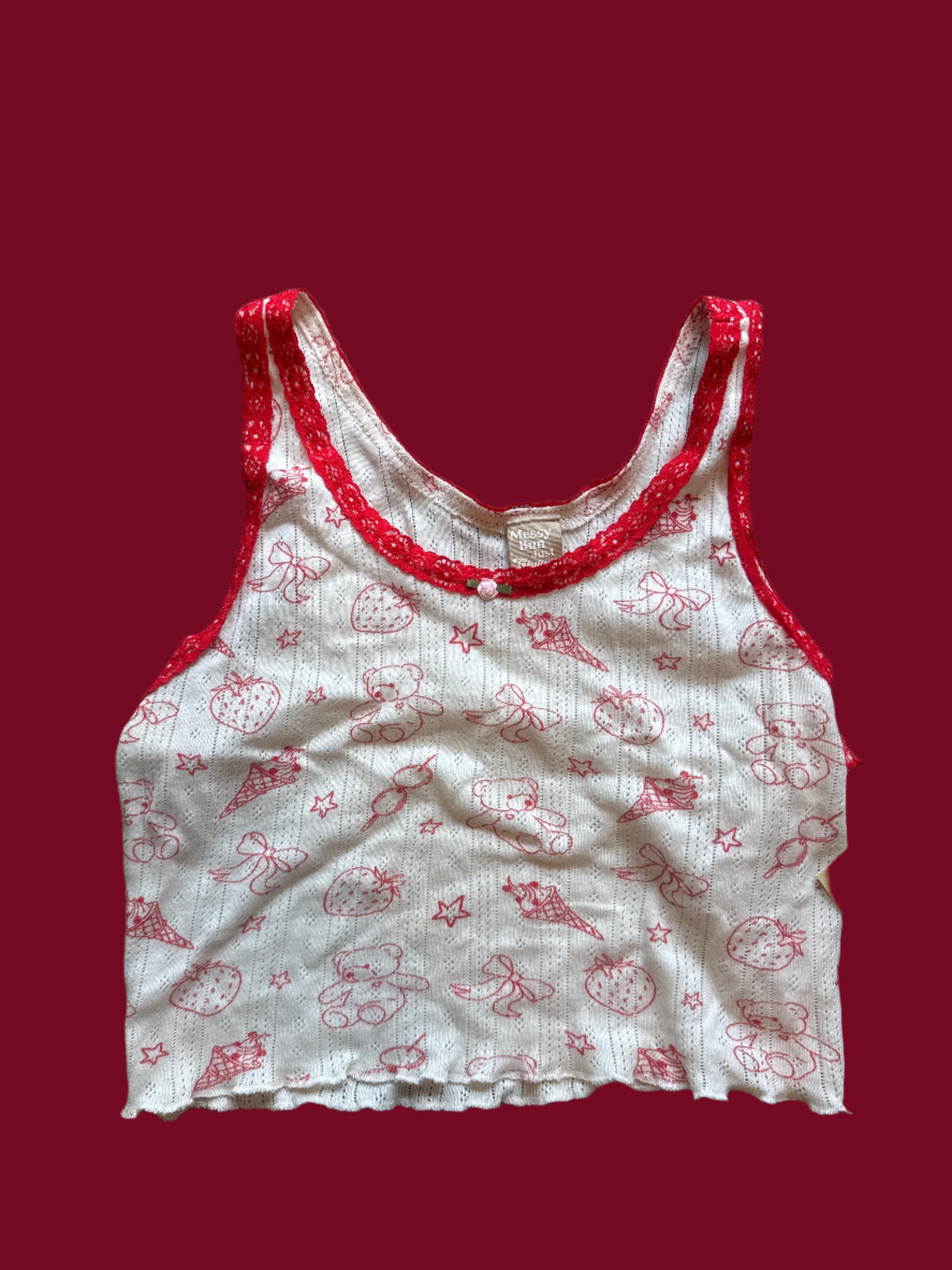 white red Messy bun just chillin strawberry bear pj tank, xs