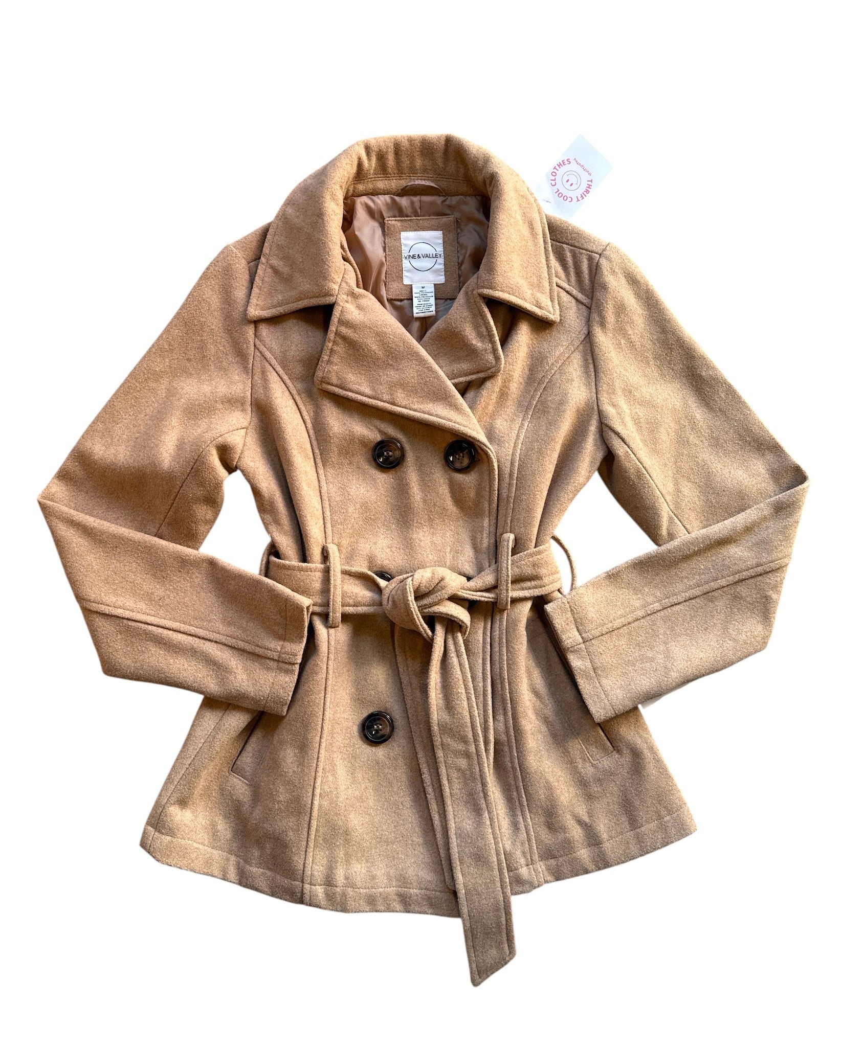 camel vine & valley peacoat w sash, m