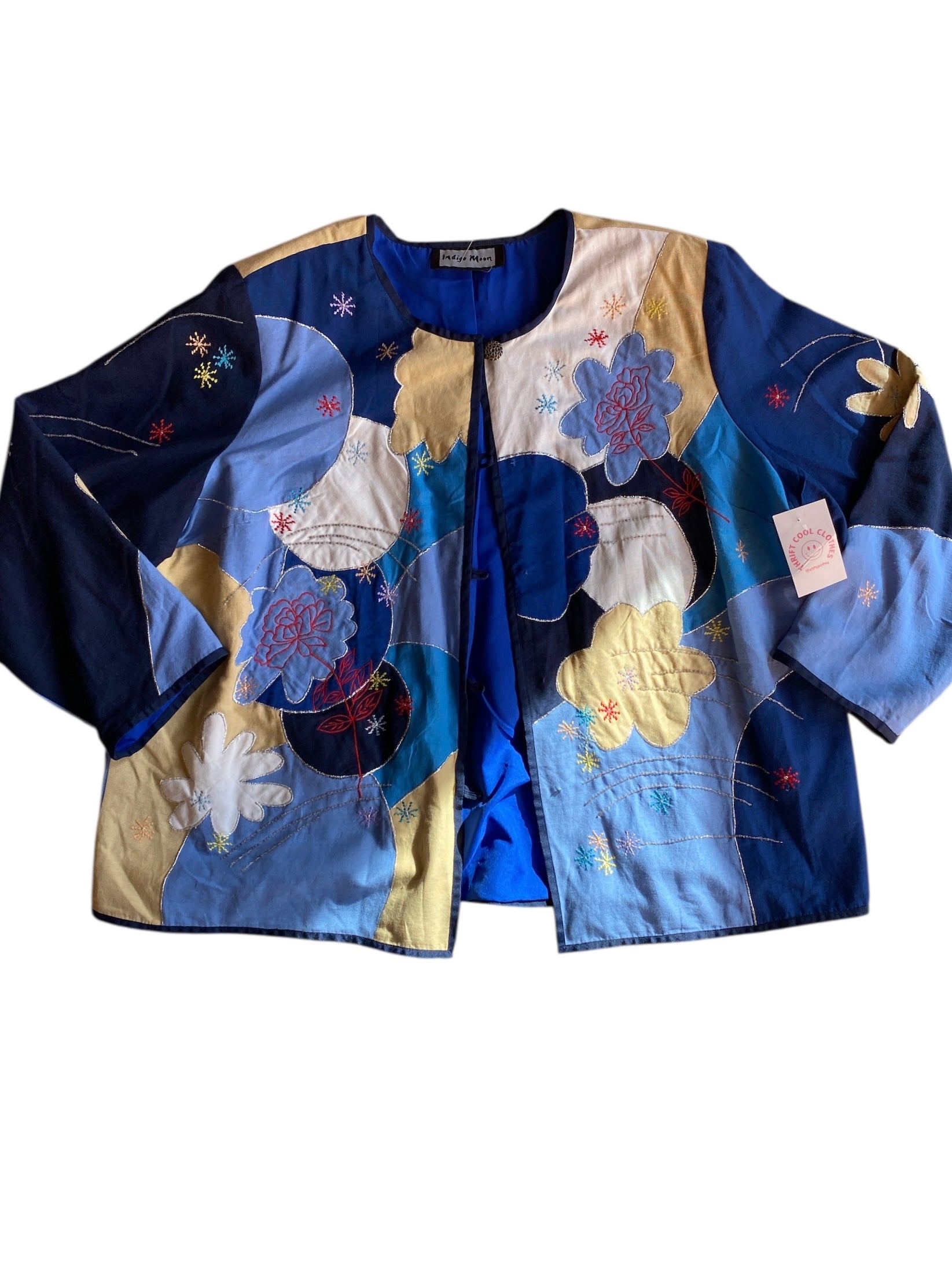 blue tan white red indigo moon floral colorblock button up shacket L/XL