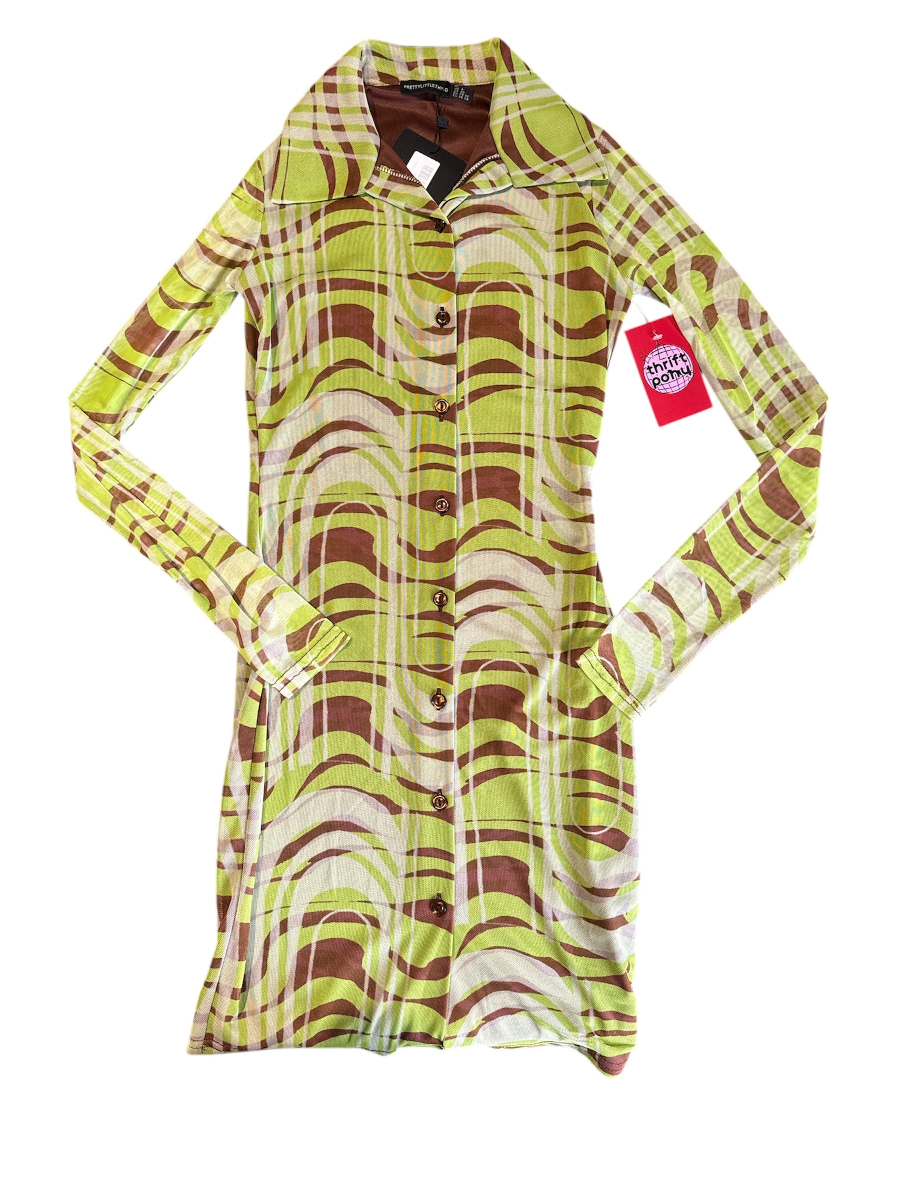green brown prettylittlething nwt mesh abstract collar dress, 00