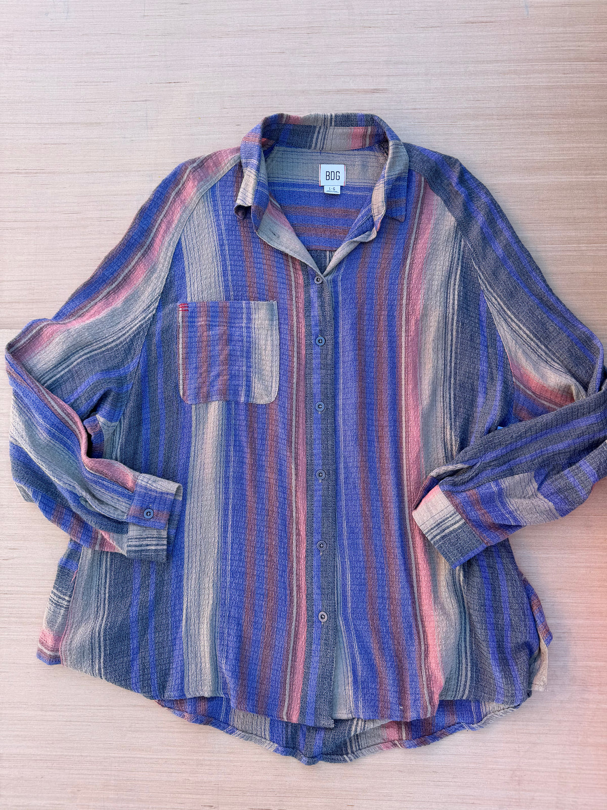 beige blue red bdg striped button down, L