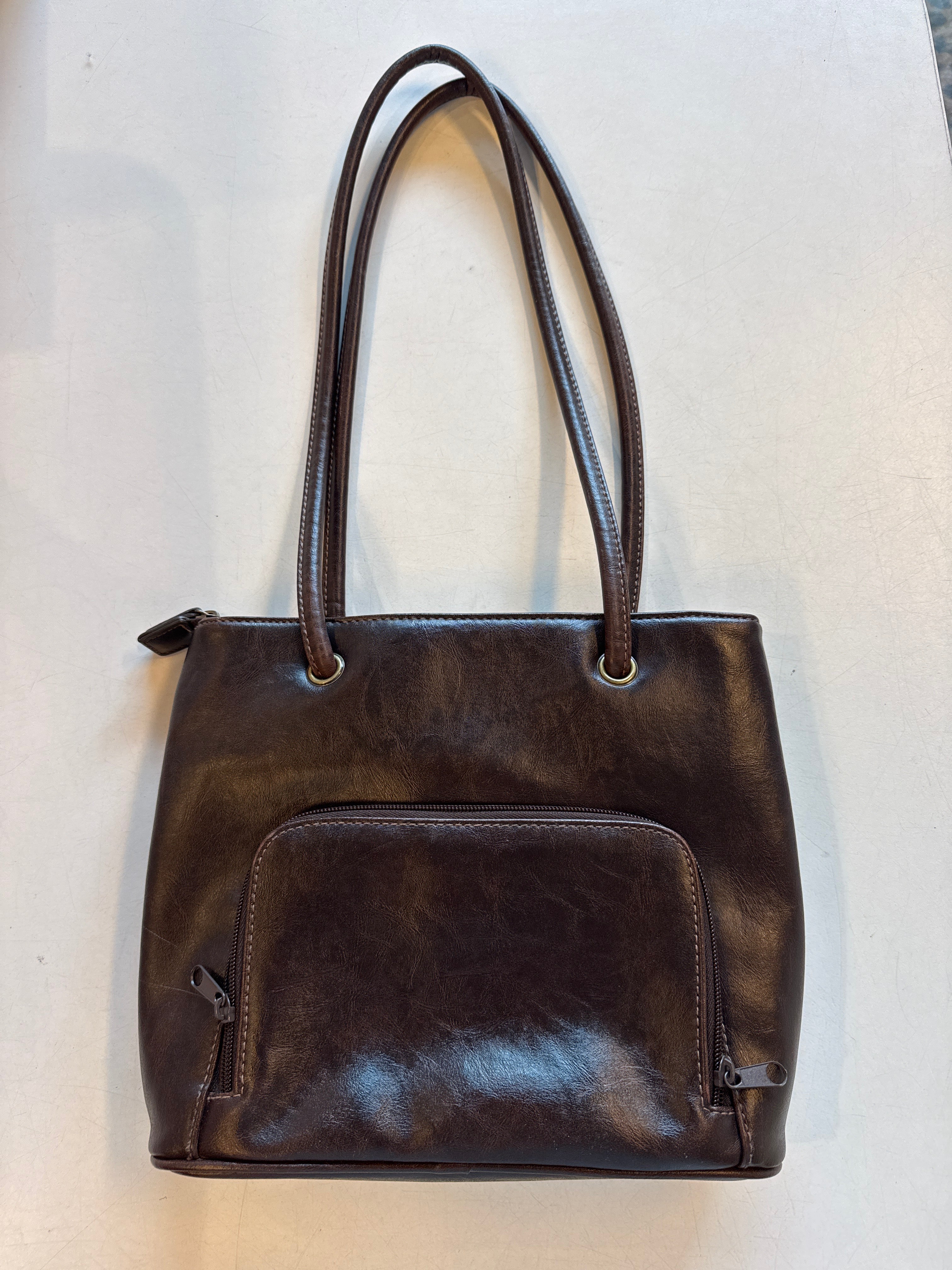brown leather handbag