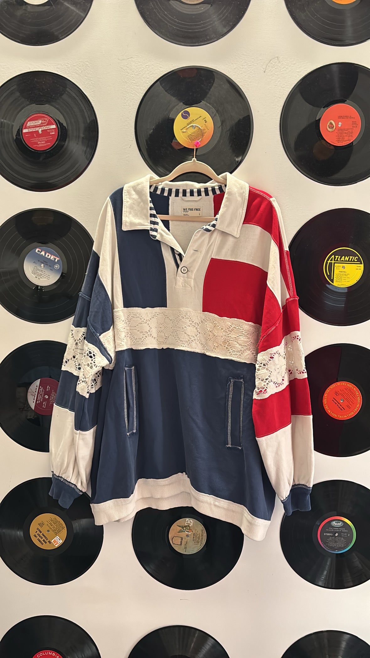 red white blue free people striped rugby lace top, L