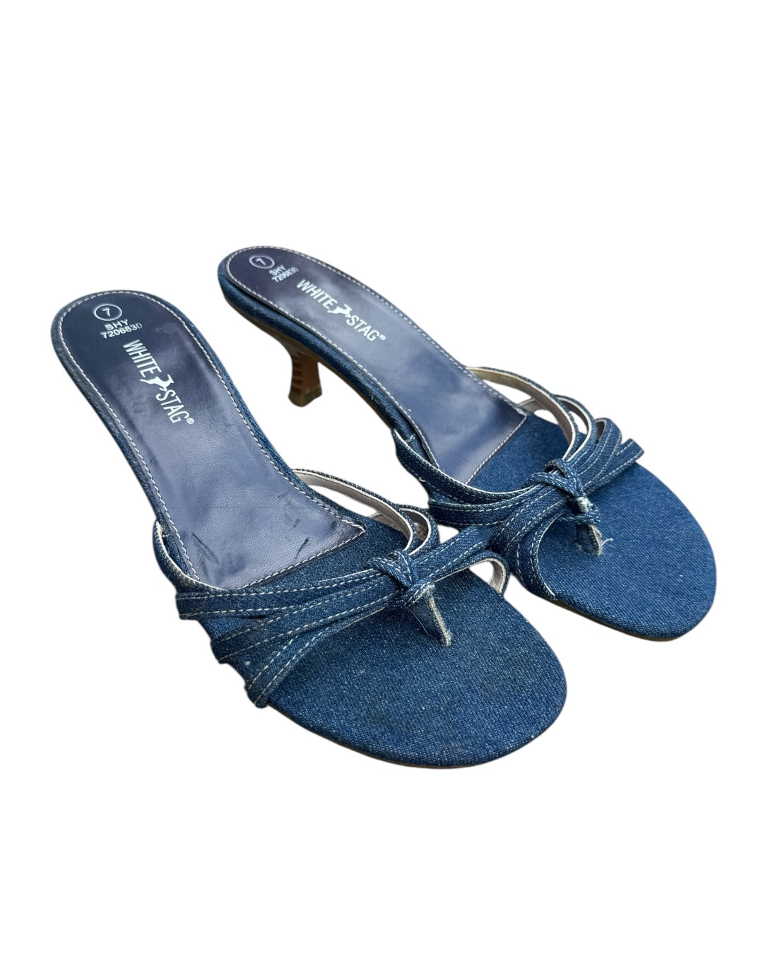 blue white stag denim kitten heel sandals, 7