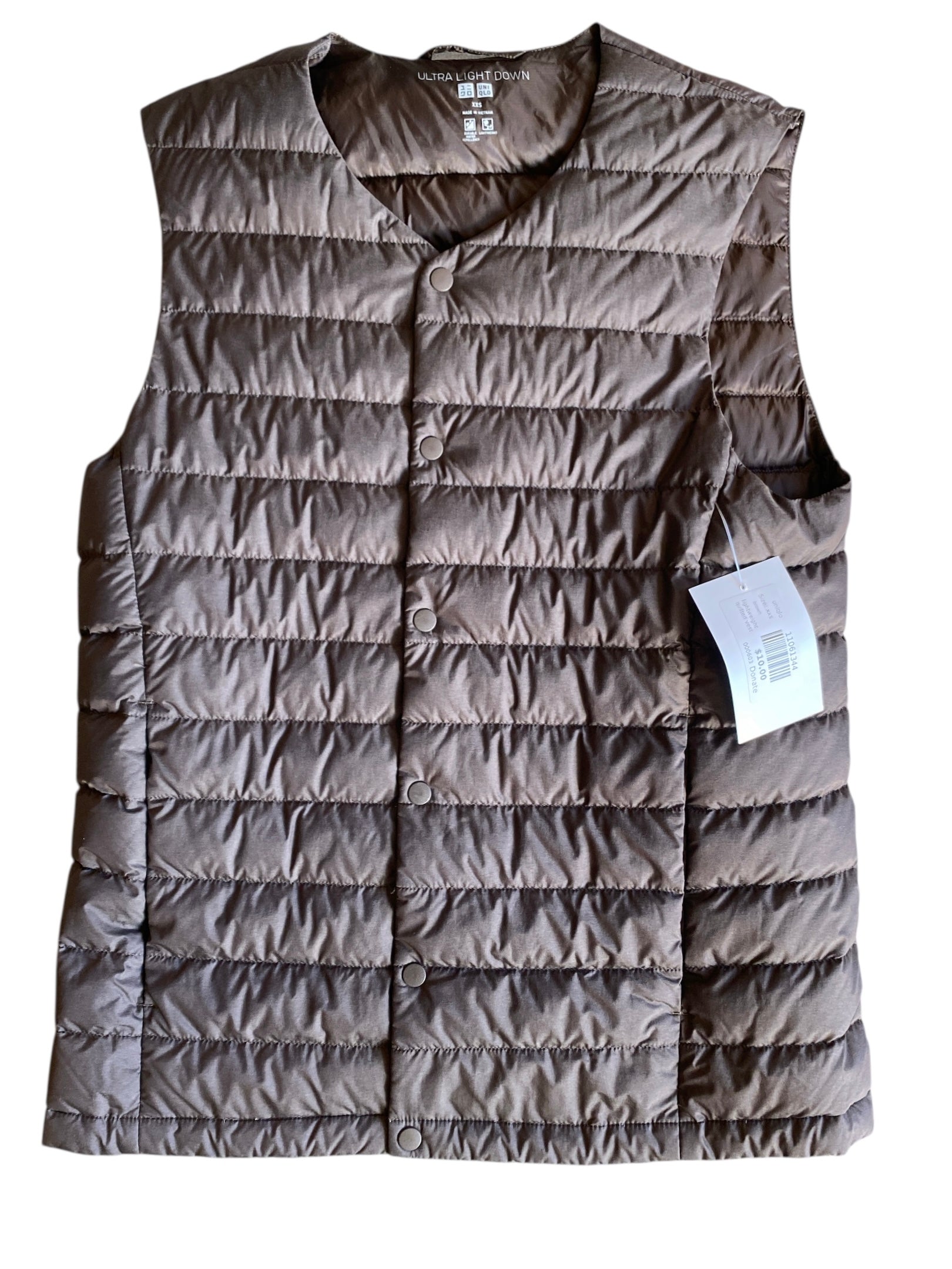 brown uniqlo lightweight quilted vest, xxs