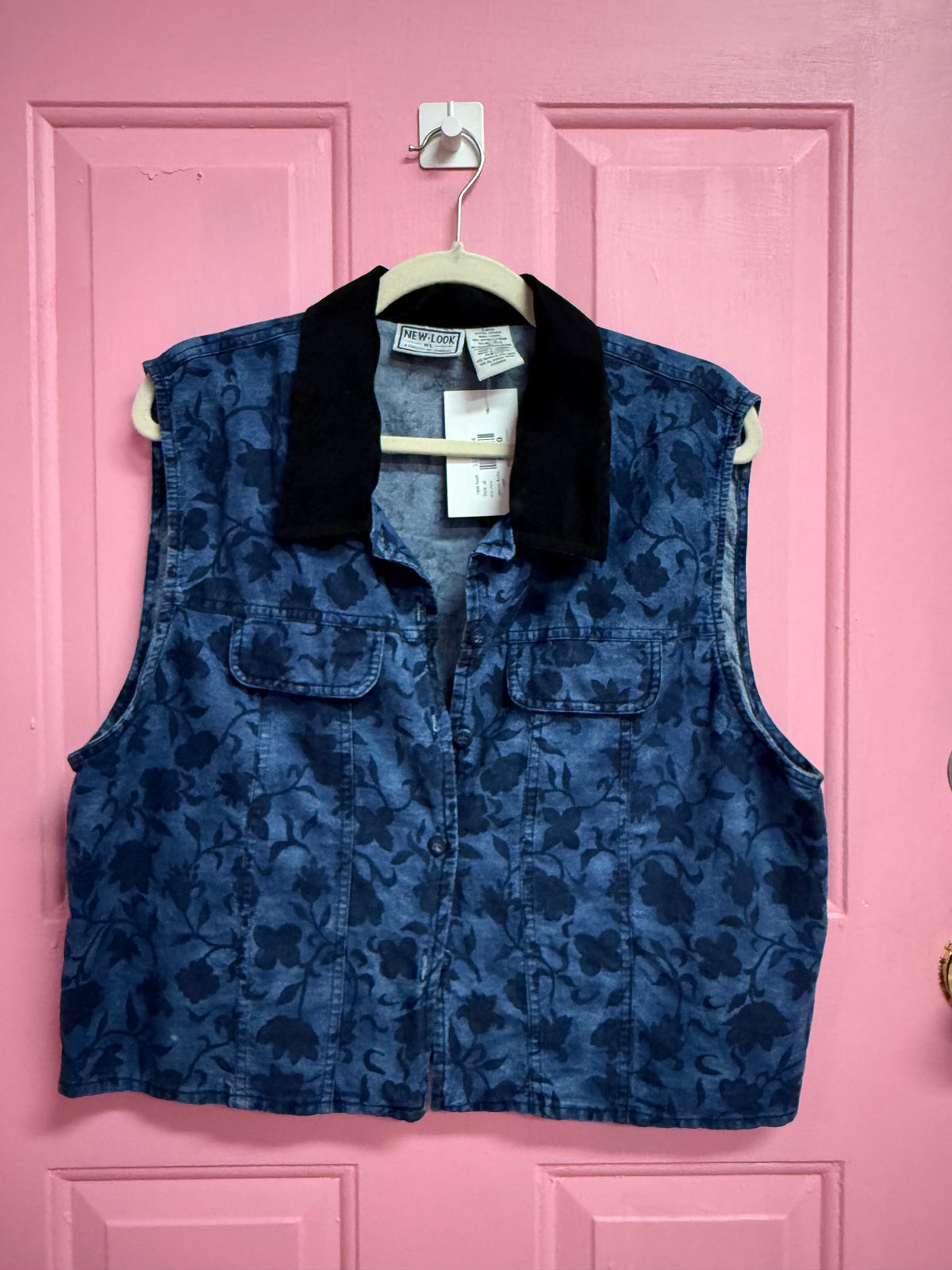 blue black new look denim florla vest, xl