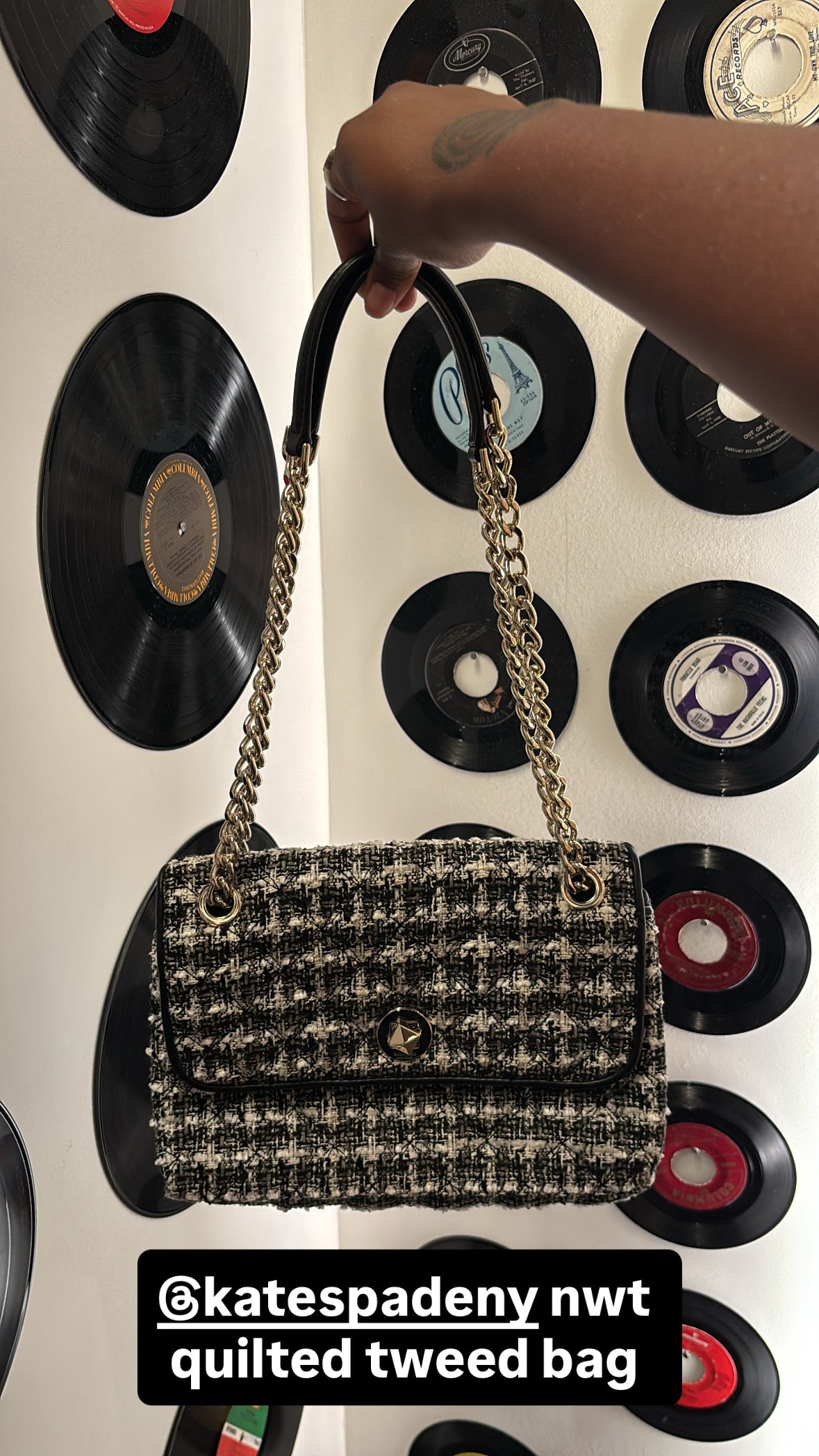 black white kate spade nwot quilted tweed purse