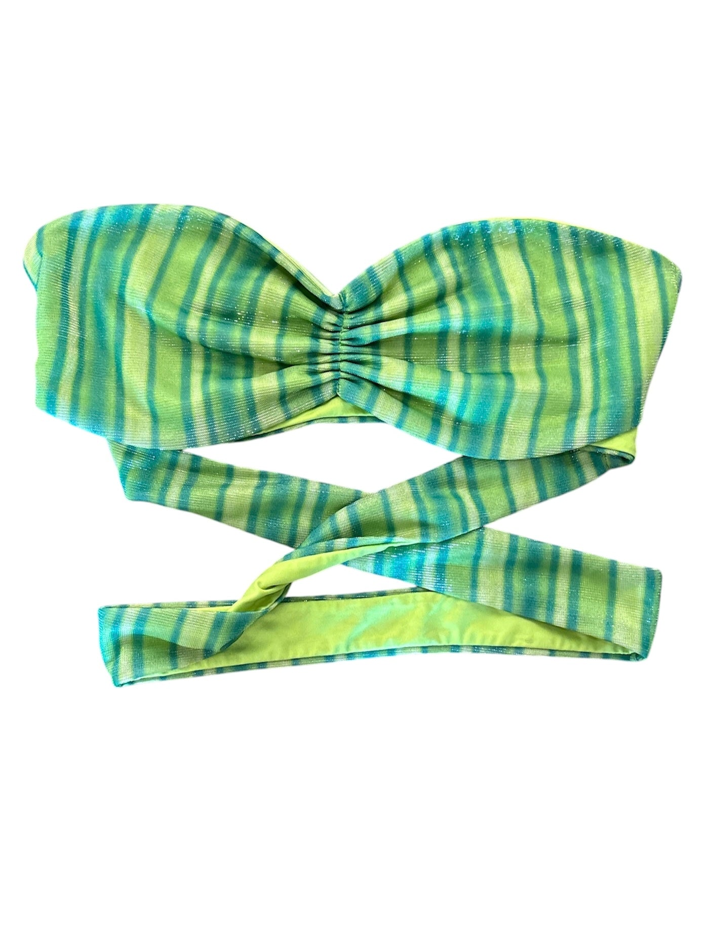 neon green teal tiger mist stripe wrap strapless top, m