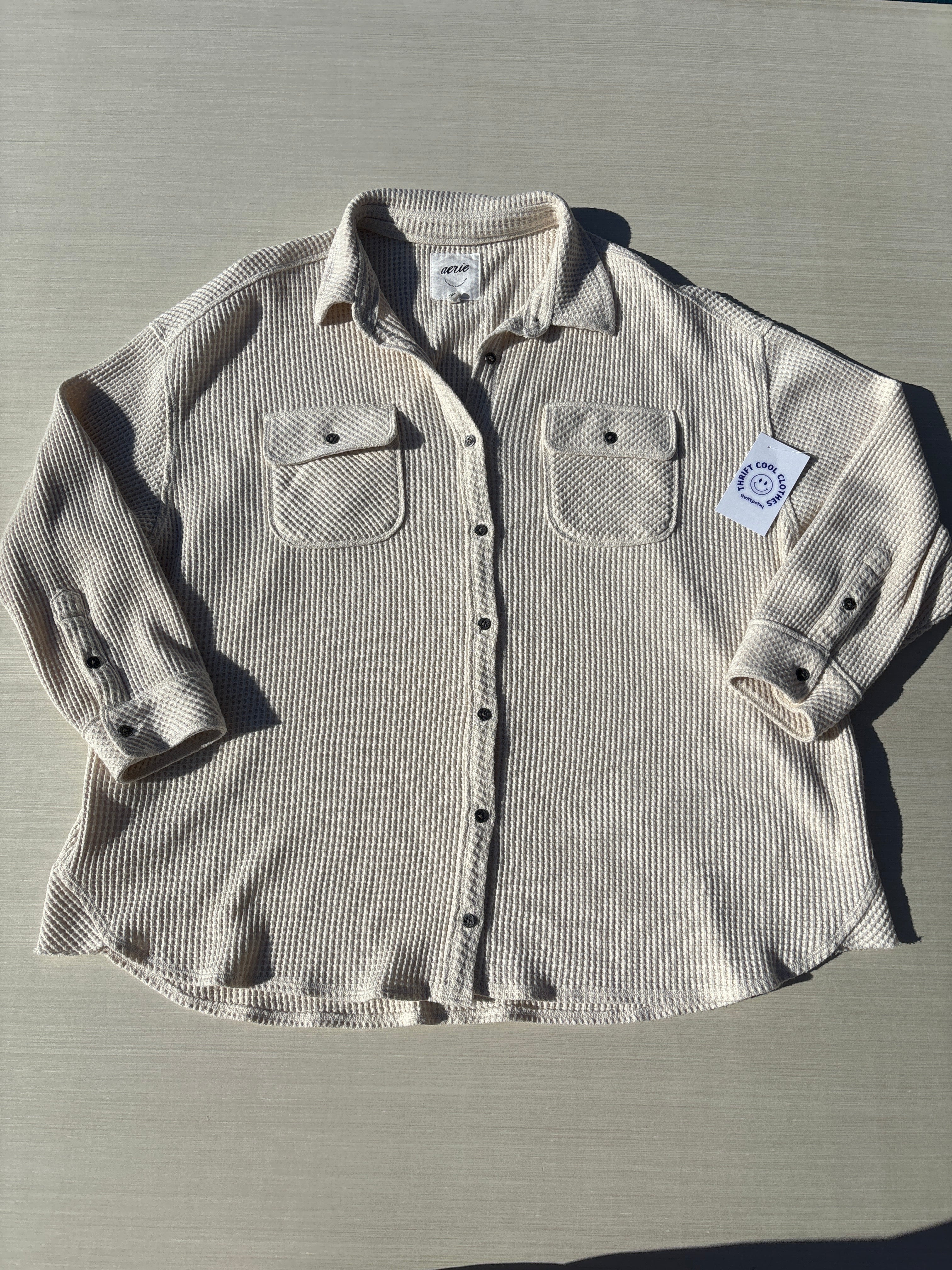 creme aerie waffle button up, m
