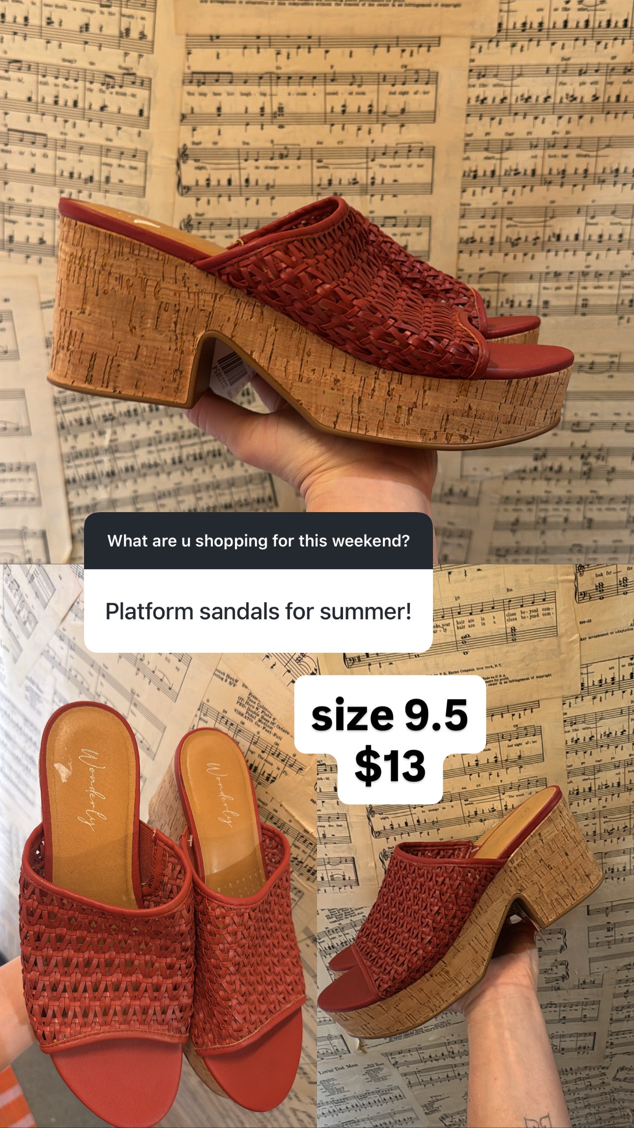 red brown wonderly weave cork sandal heels, 9.5