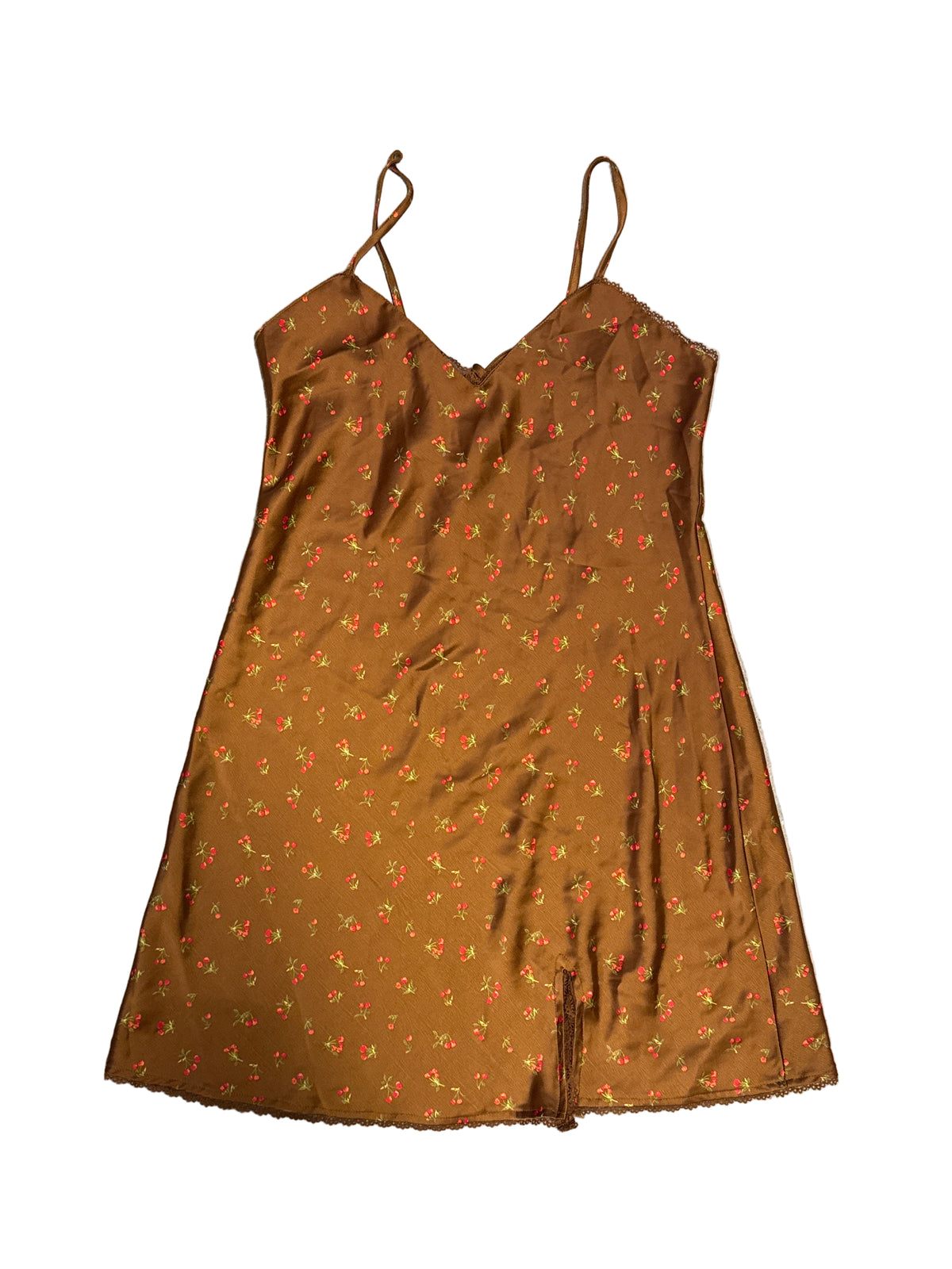brown red wild fable satin cherry dress, s