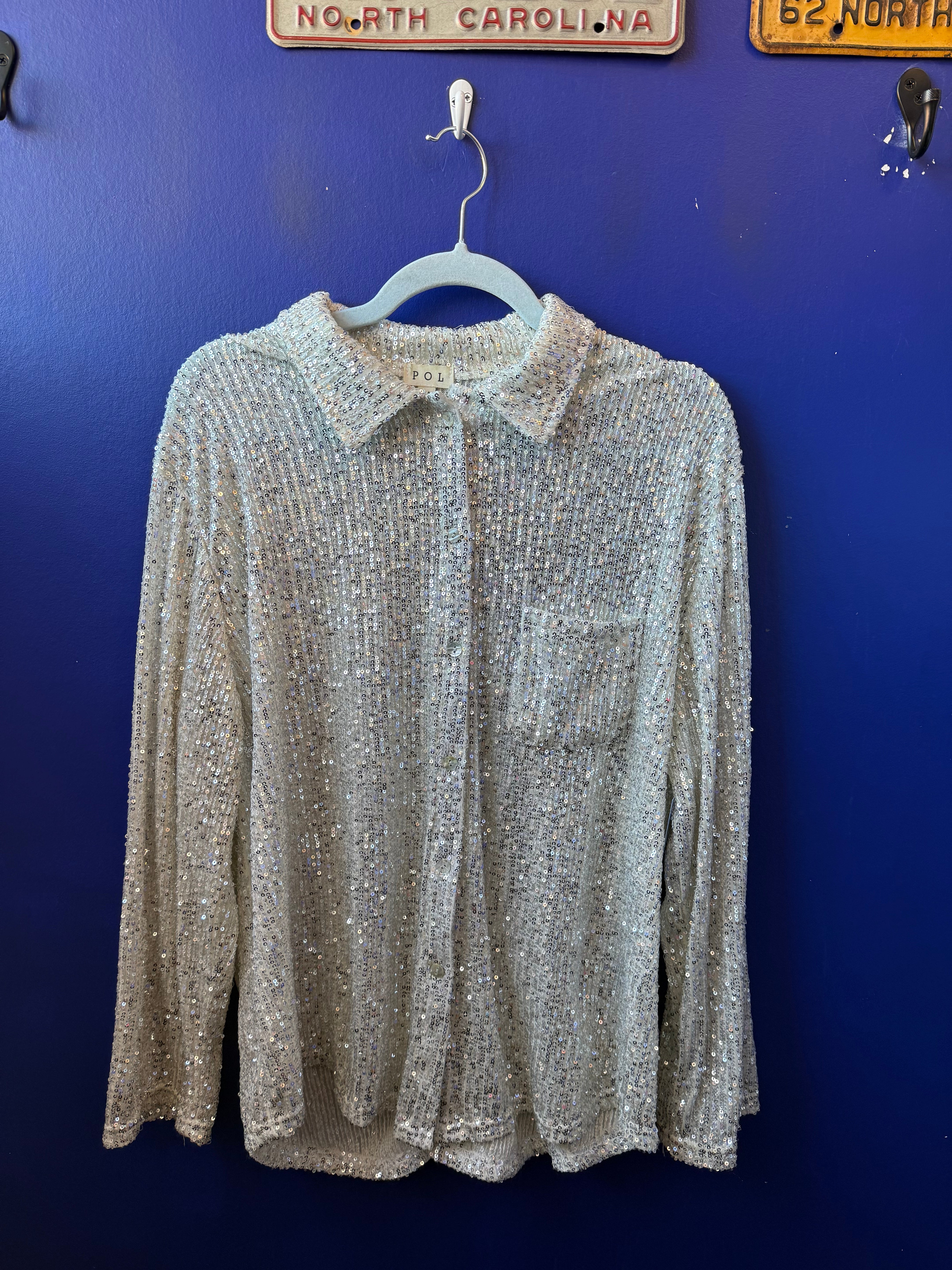 Cream silver Pol Sequined collared top, M