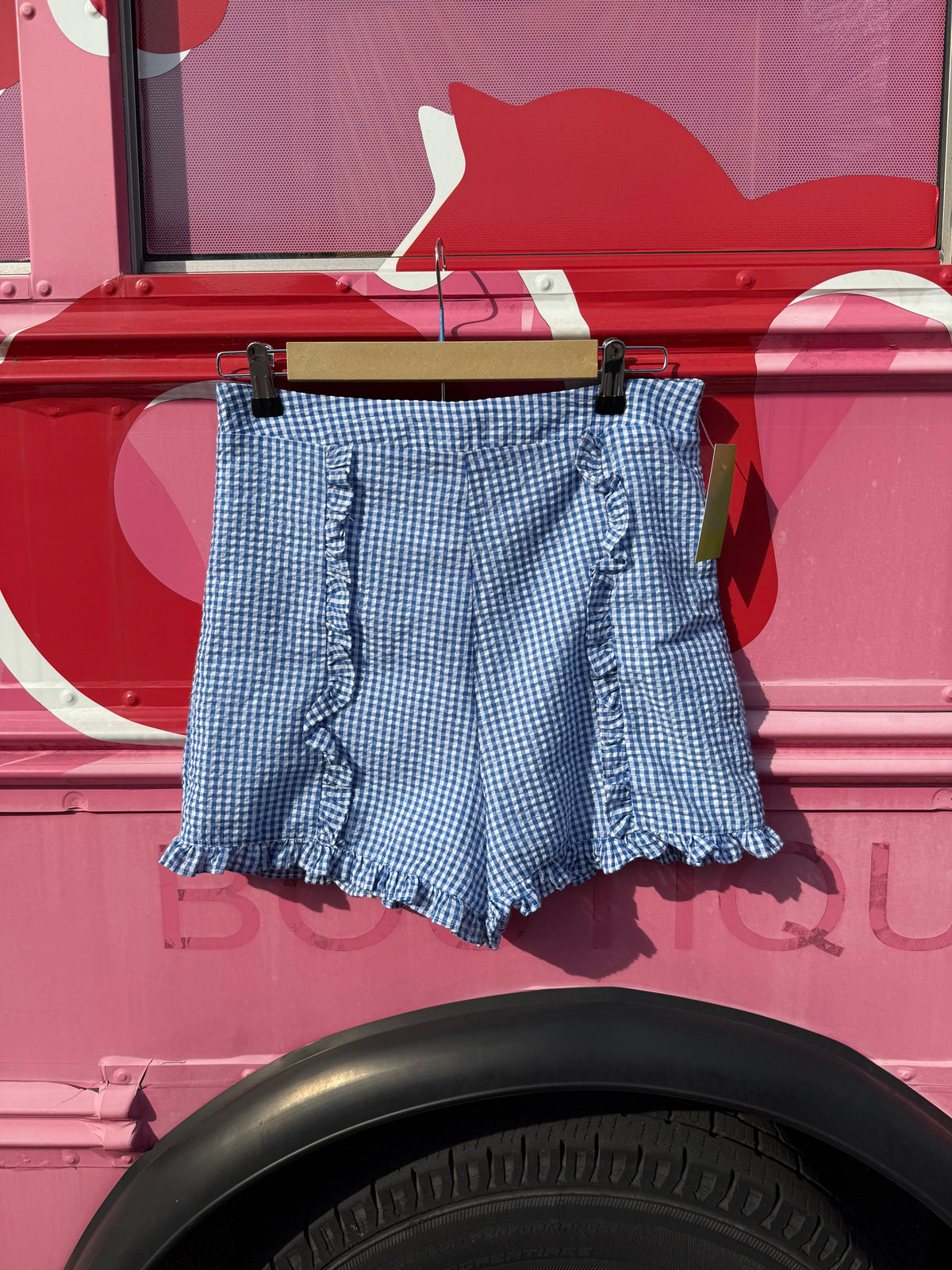 blue white hyfve gingham hi waist shorts, m
