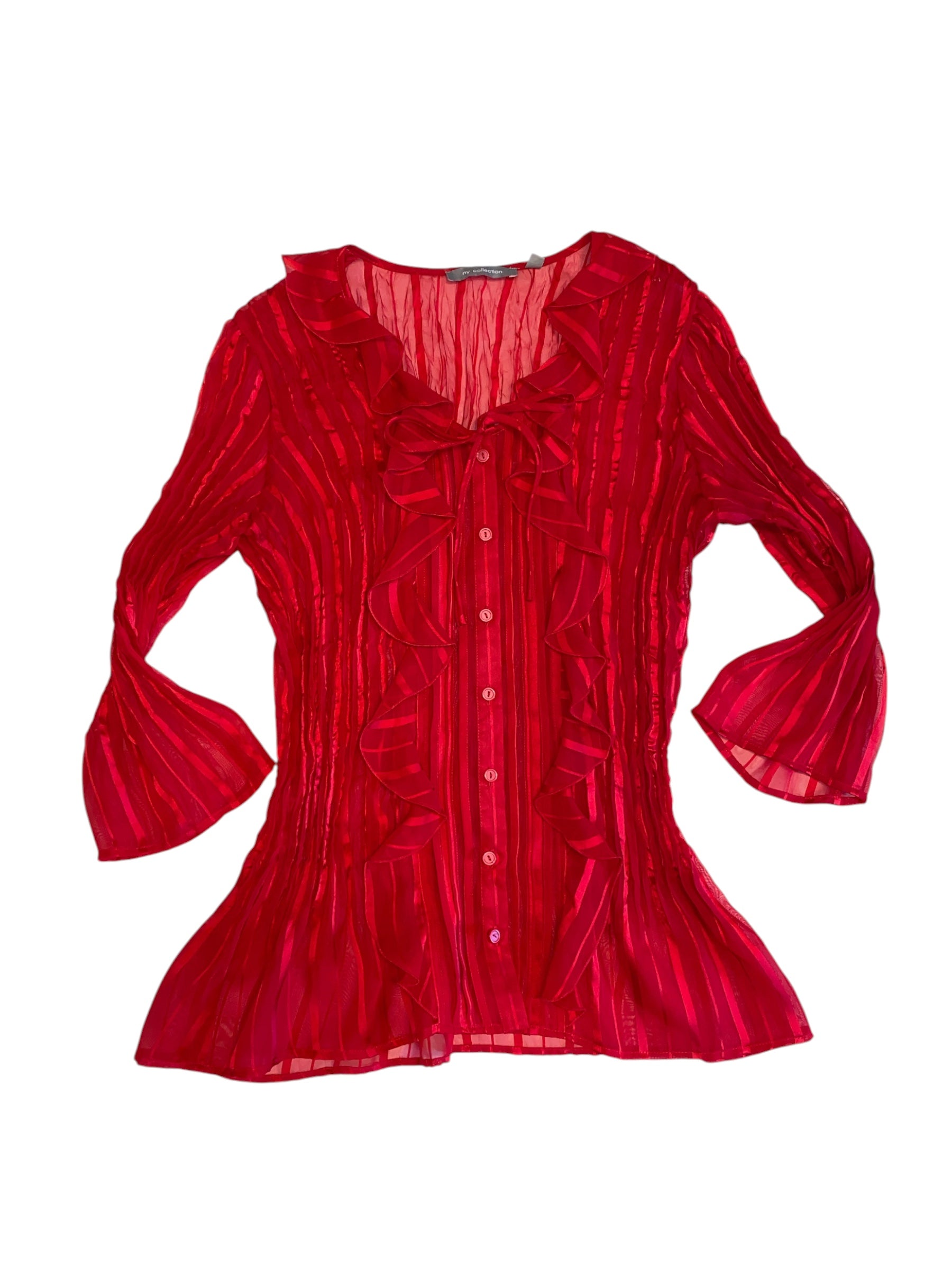 red ny collection sheer ruffle button up ls, L