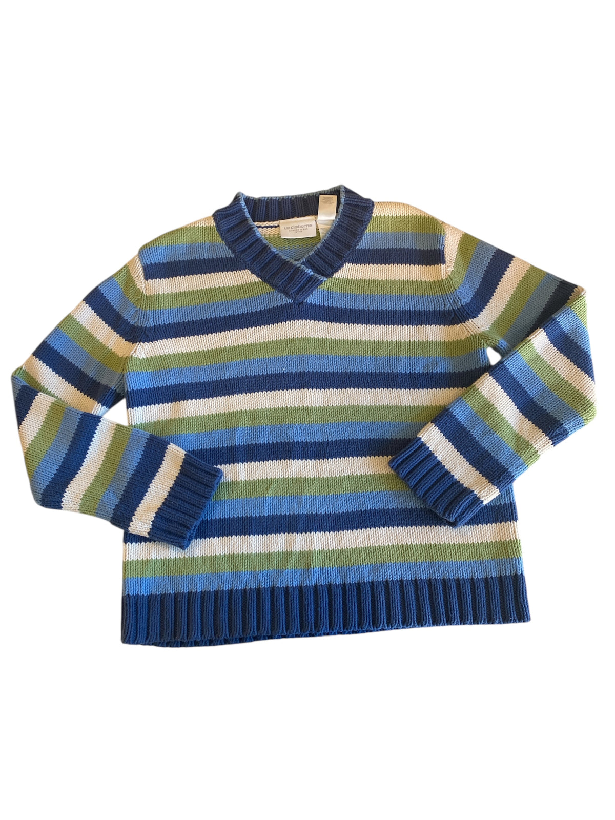 green blue white liz claiborne v neck striped sweater, s