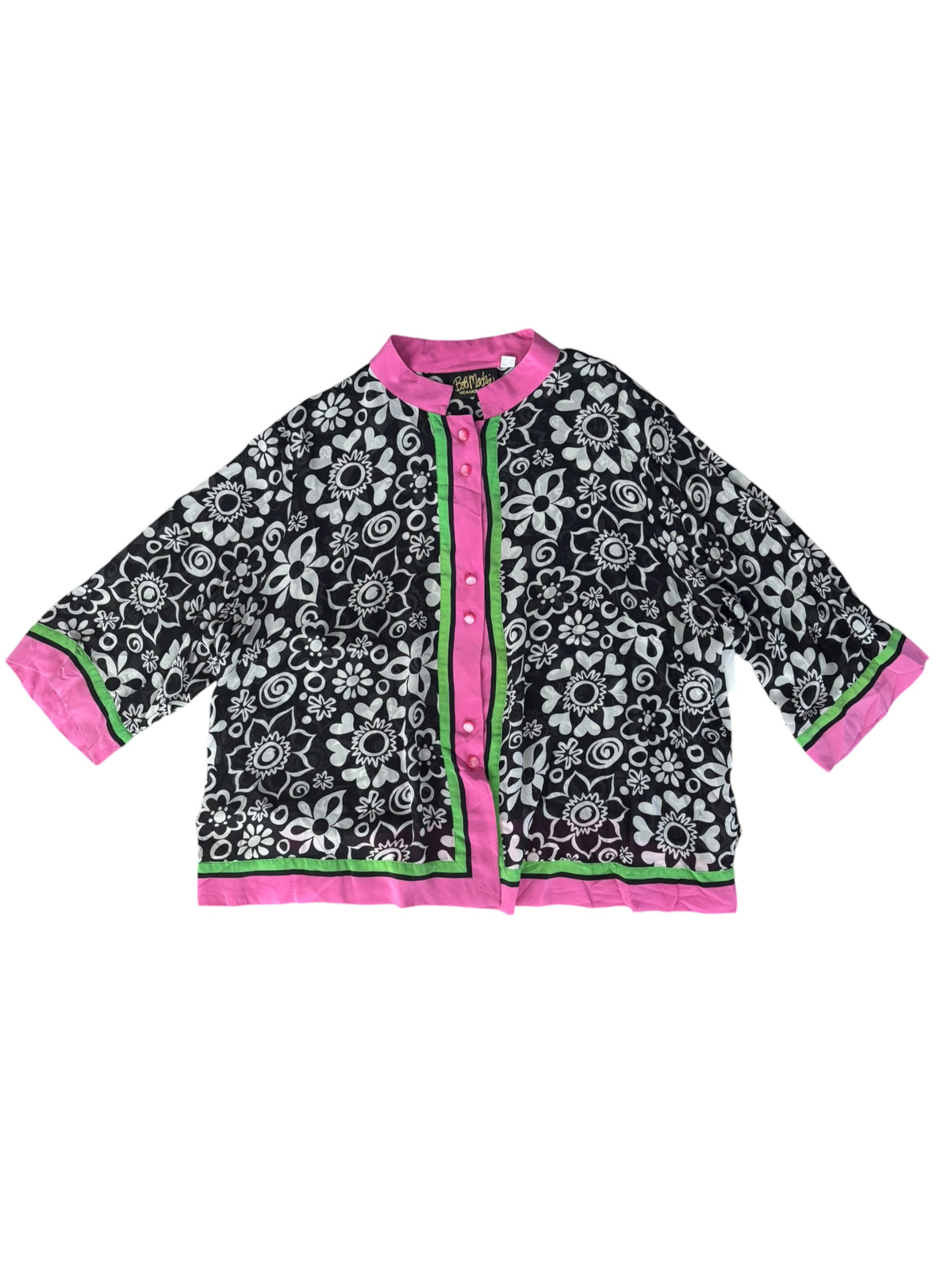pink green white black bob mackie floral silk button up, 3x