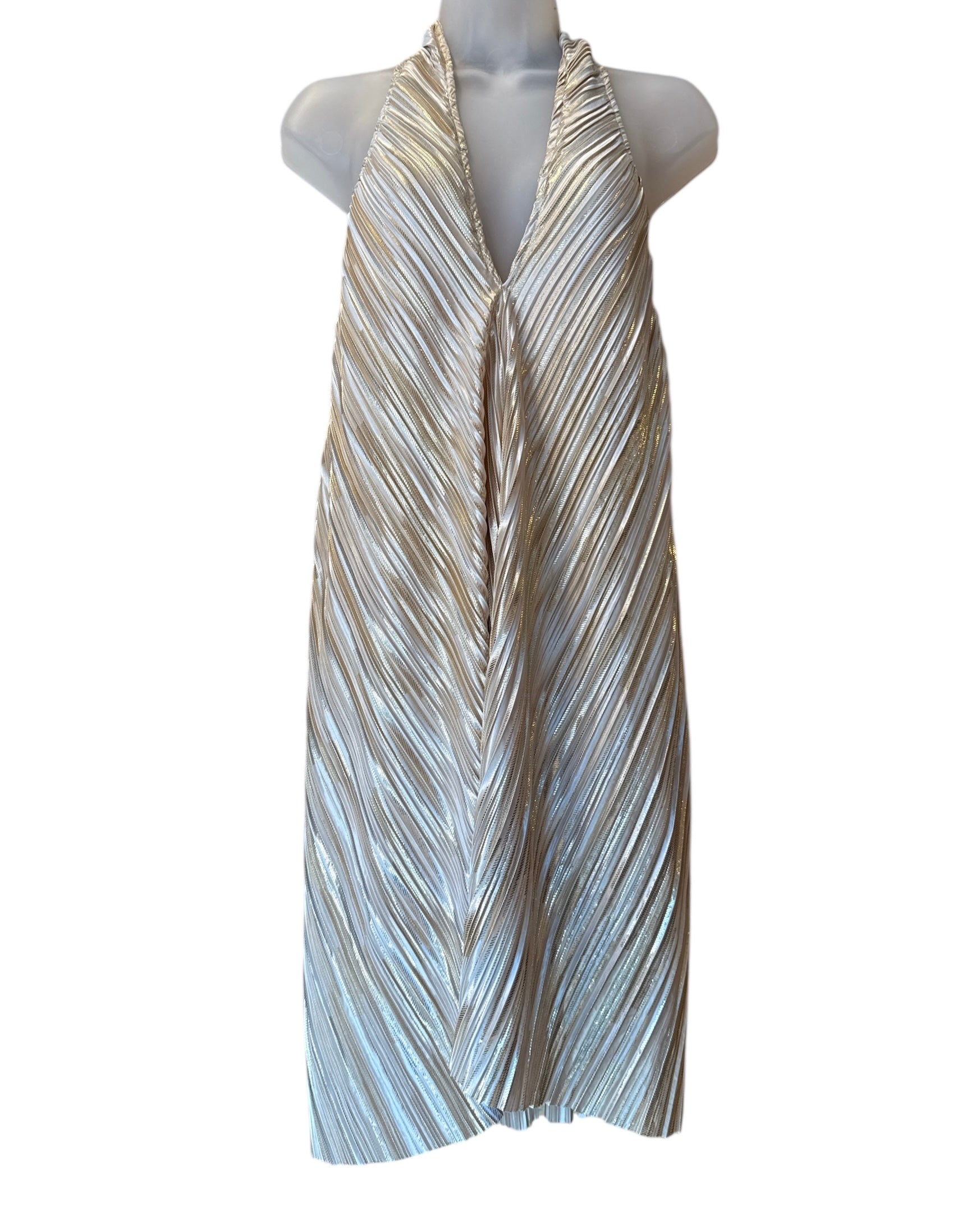 gold vici plisse metallic halter dress, L