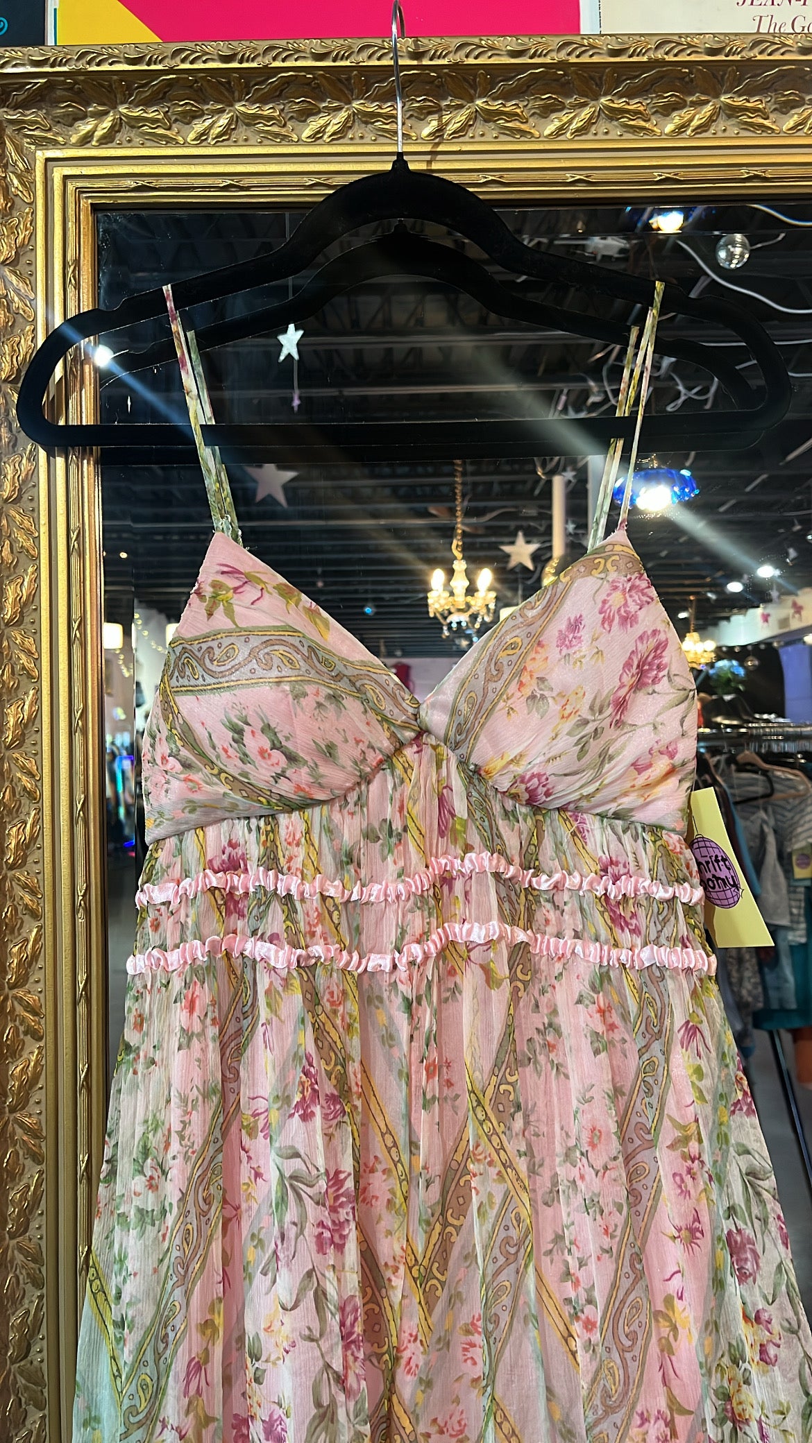 pink green sue wong floral 100%b silk tank midi dress, 6