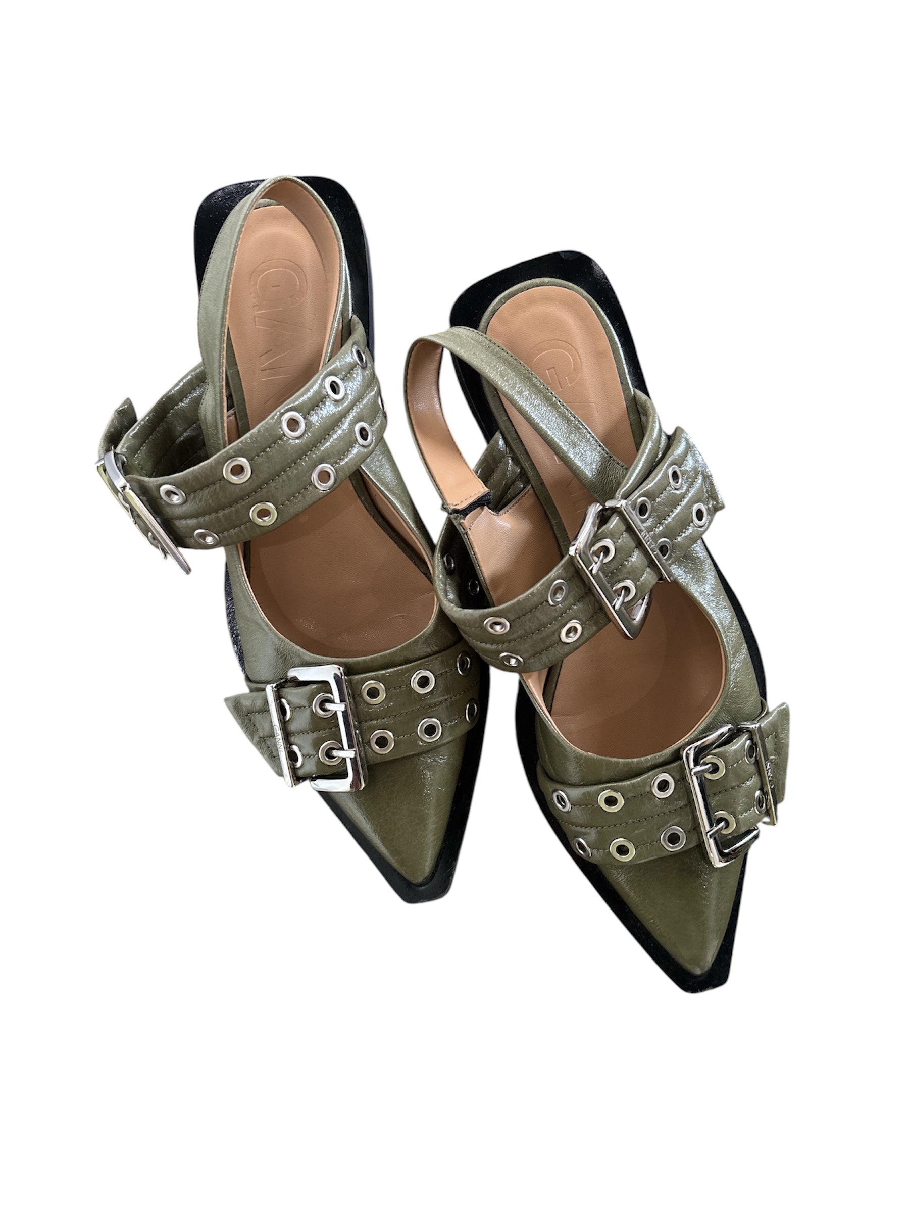 Black green Ganni Buckle pointed flats, 42
