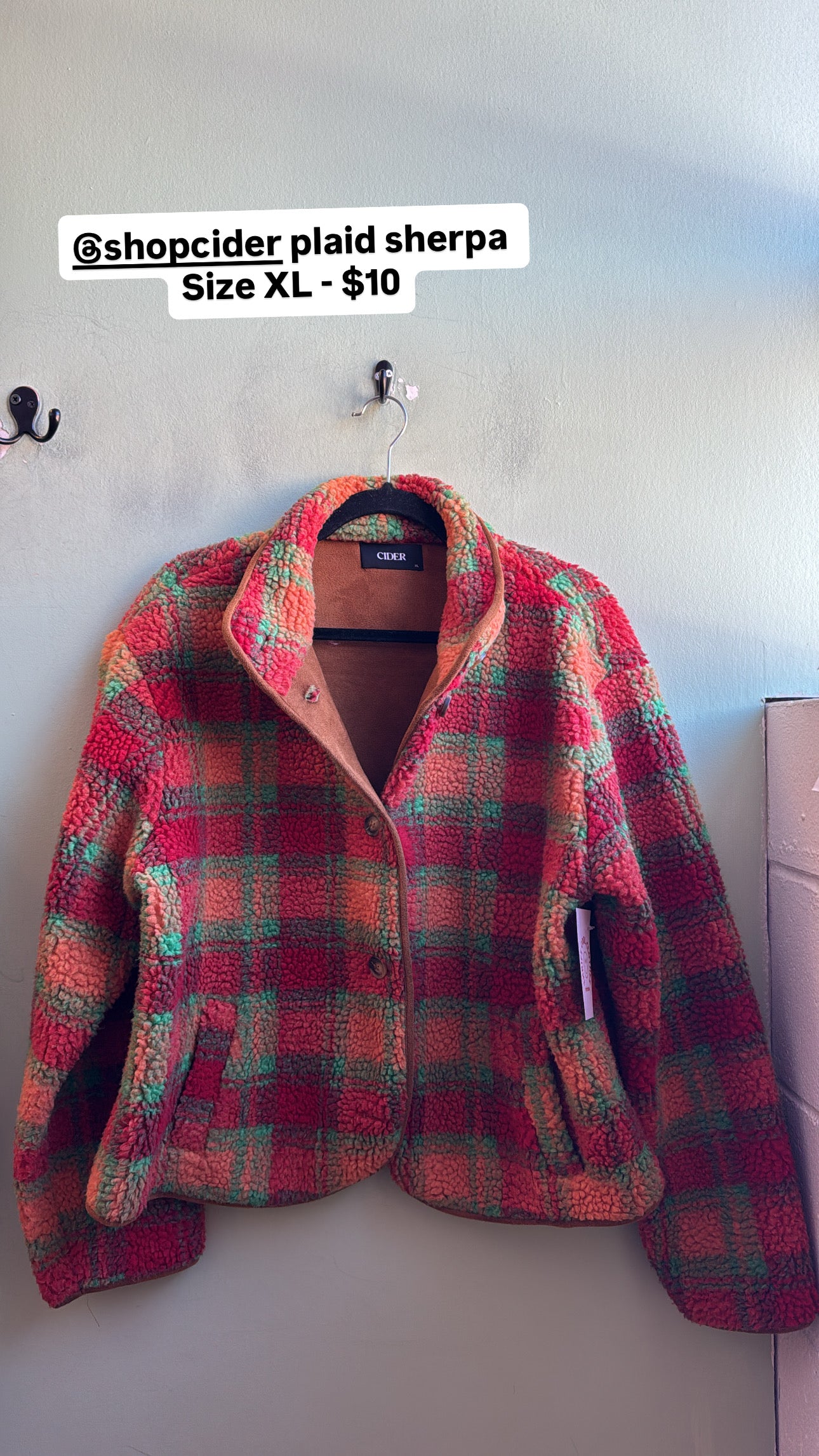 green red orange cider sherpa plaid jacket, xl