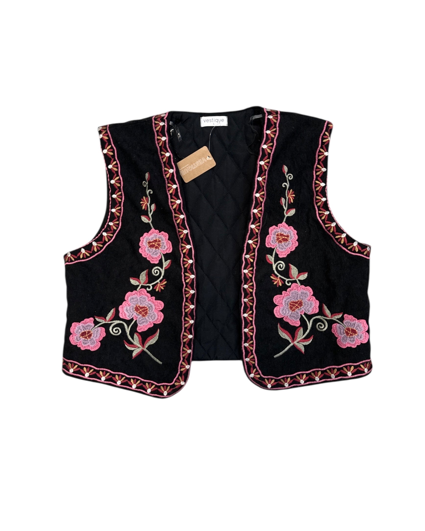 black pink vestique nwt ribbed wuilted embroider vest, L