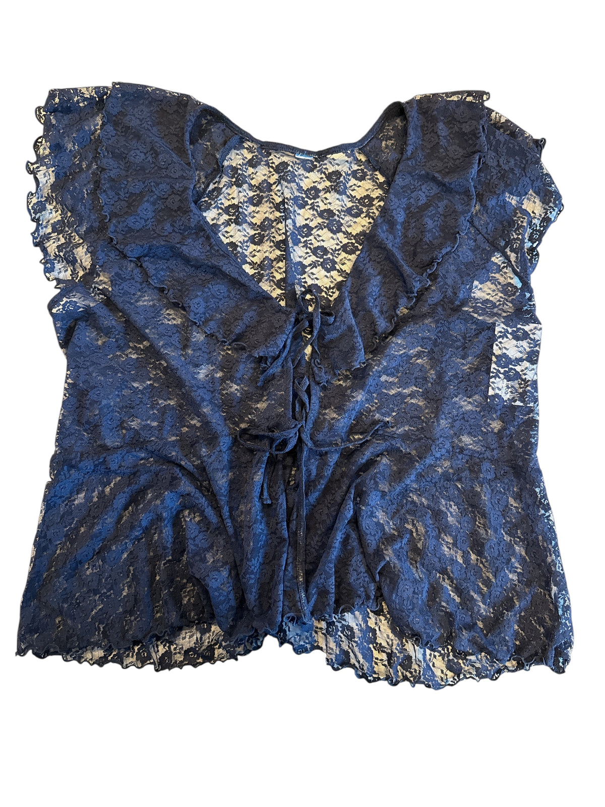 Navy Lace sheer front tie ss top, Fits L/XL