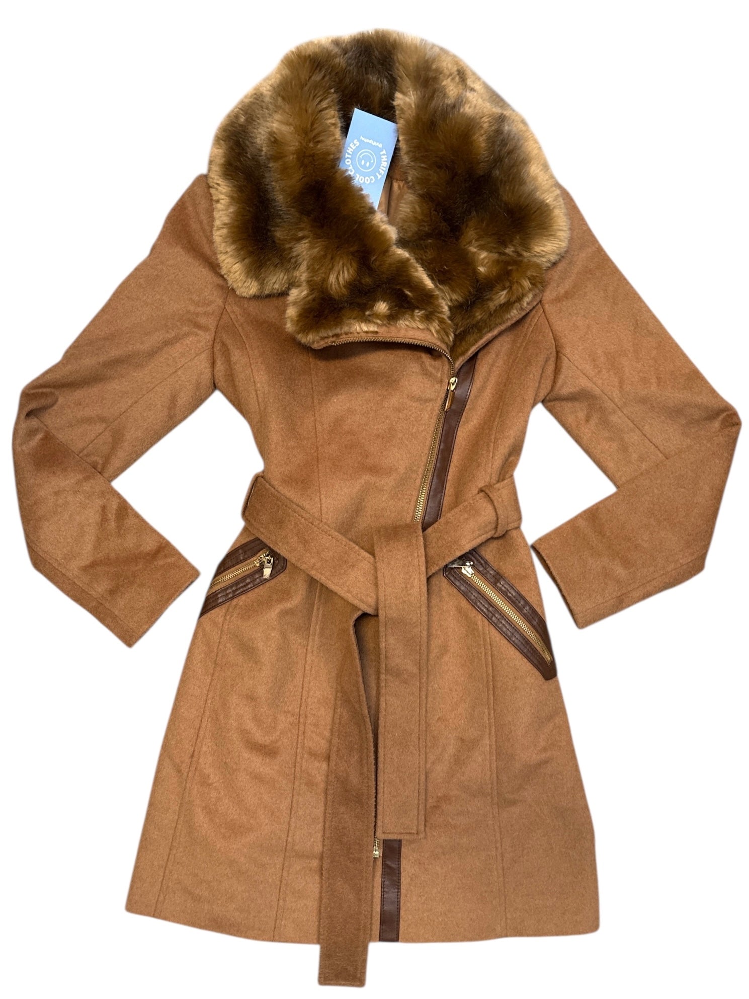 brown via spiga wool blend coat w faux fur trim, xs