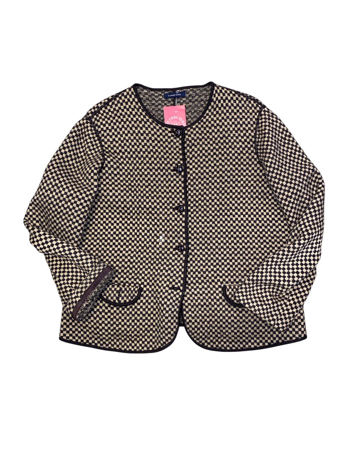 brown tan lands end checkered knit jacket, s