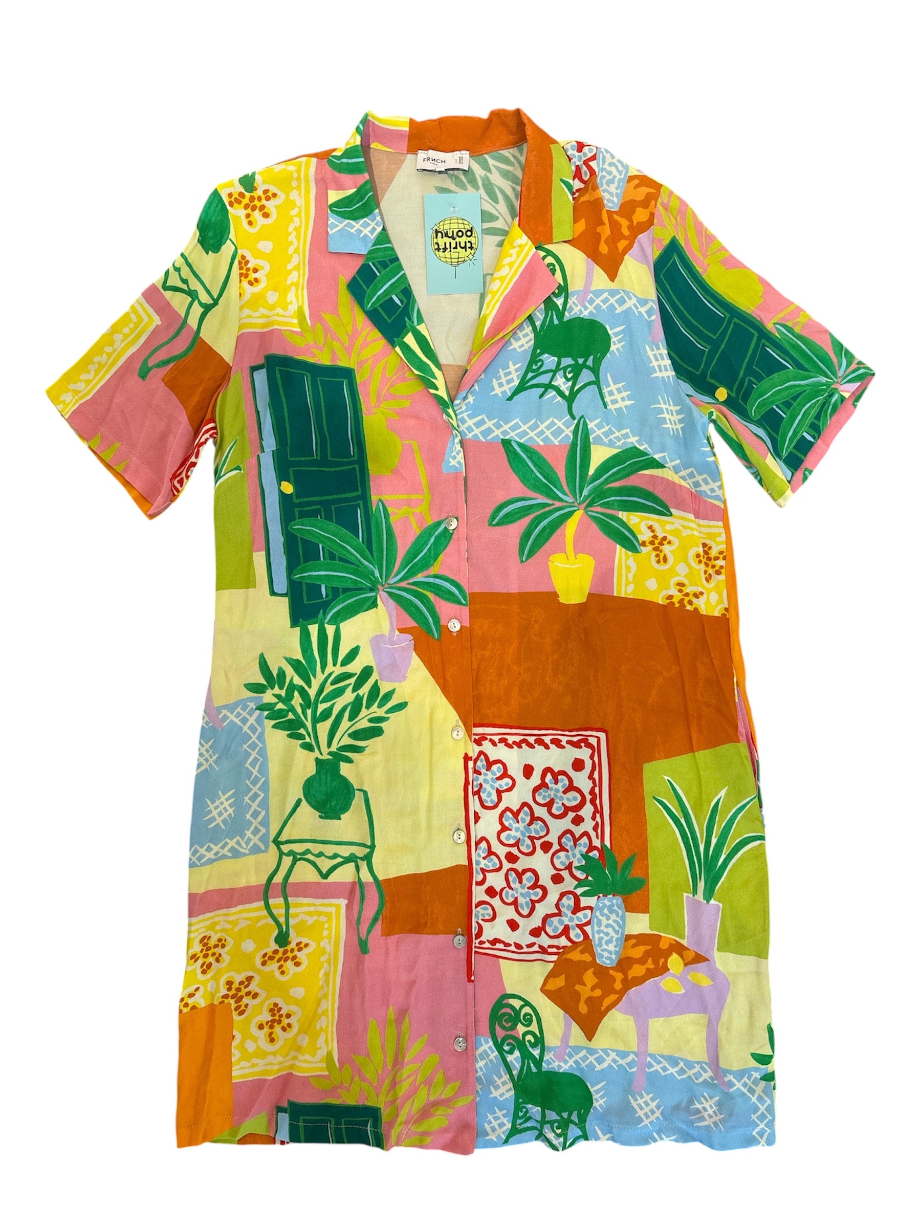 pink green yellow frnch doodle foliage collar dress, s