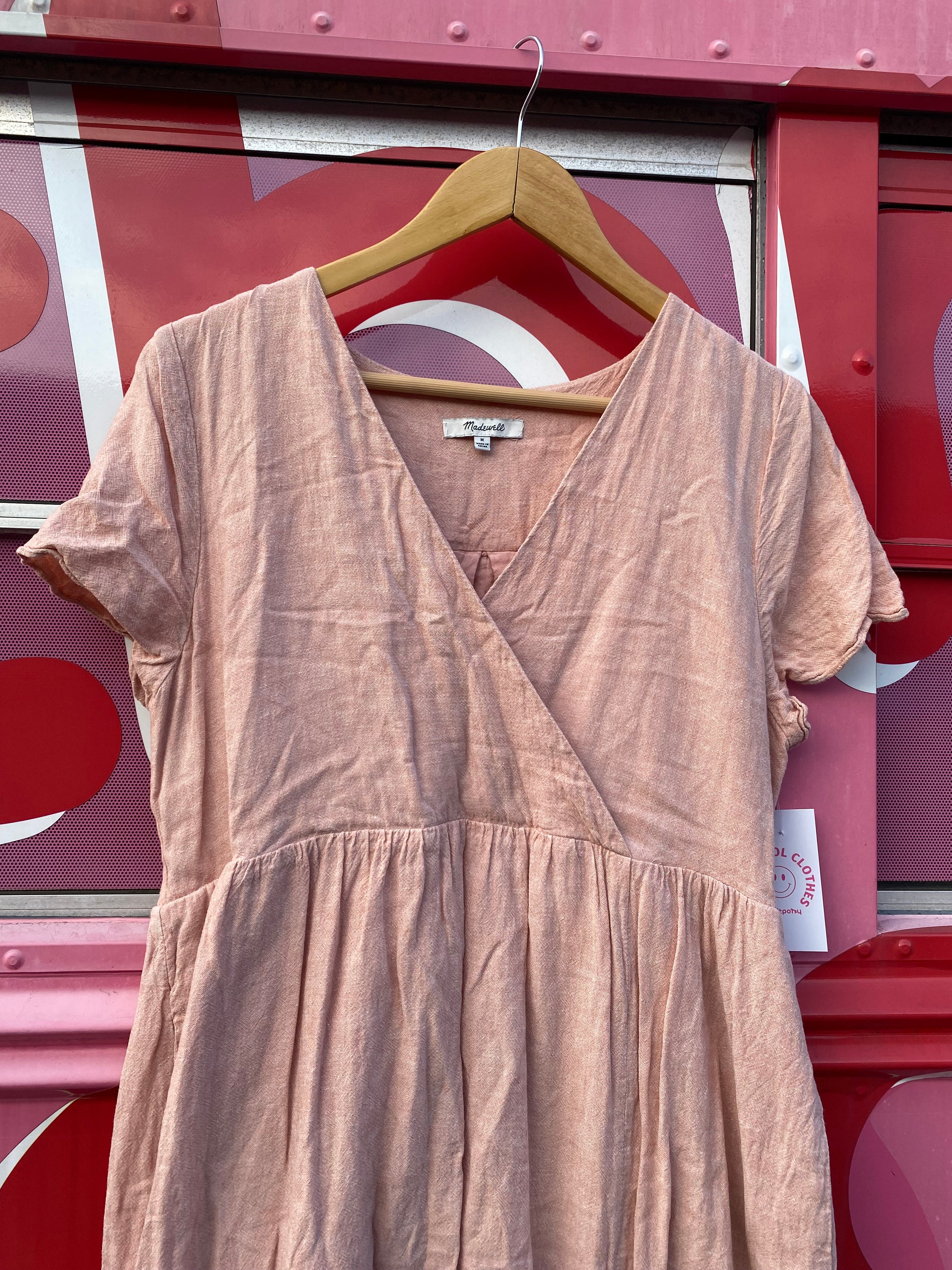 light pink madewell linen ss vneck long dress, m