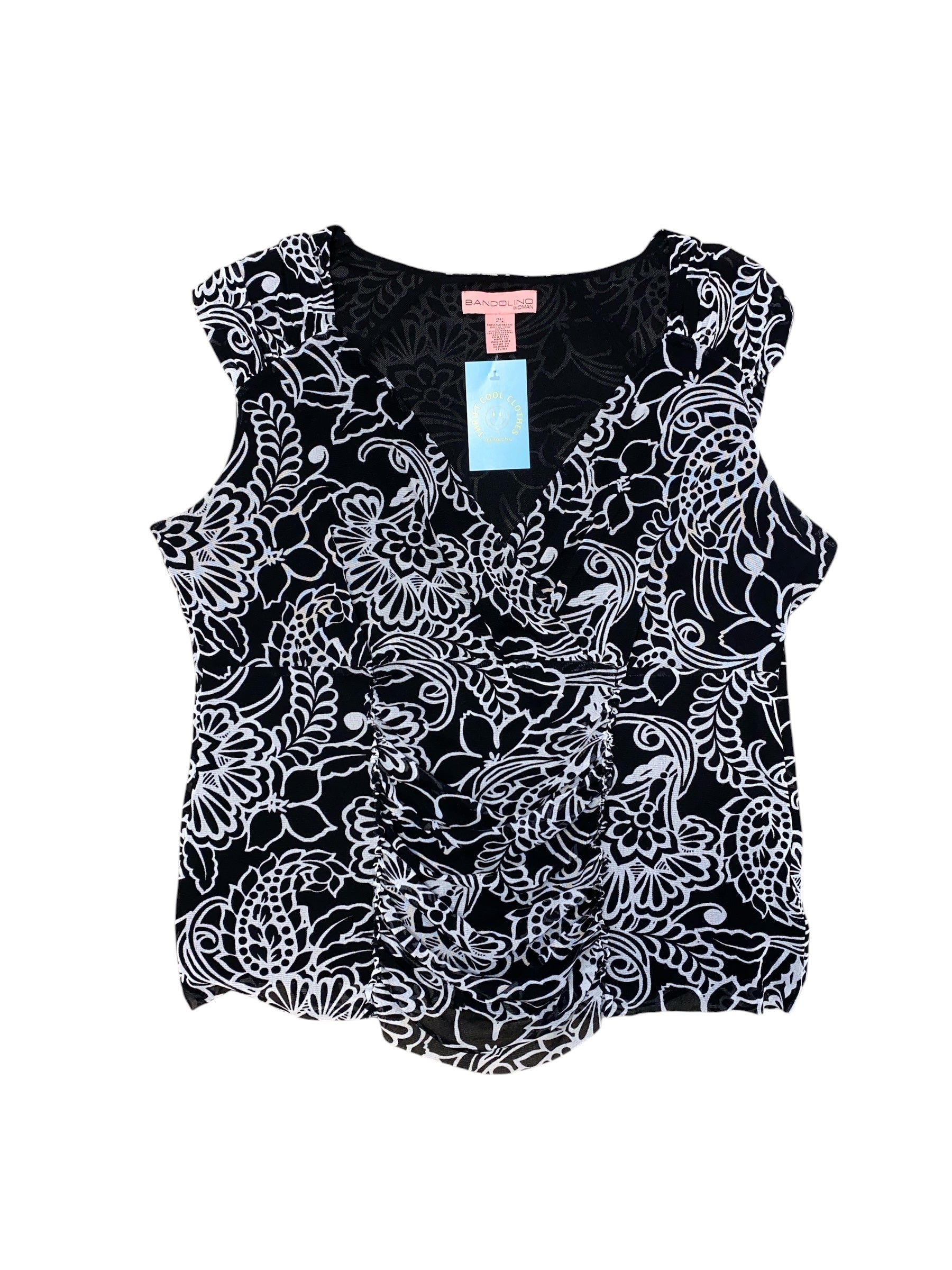 Black white Bandolino Floral nylon v neck office top, 2X