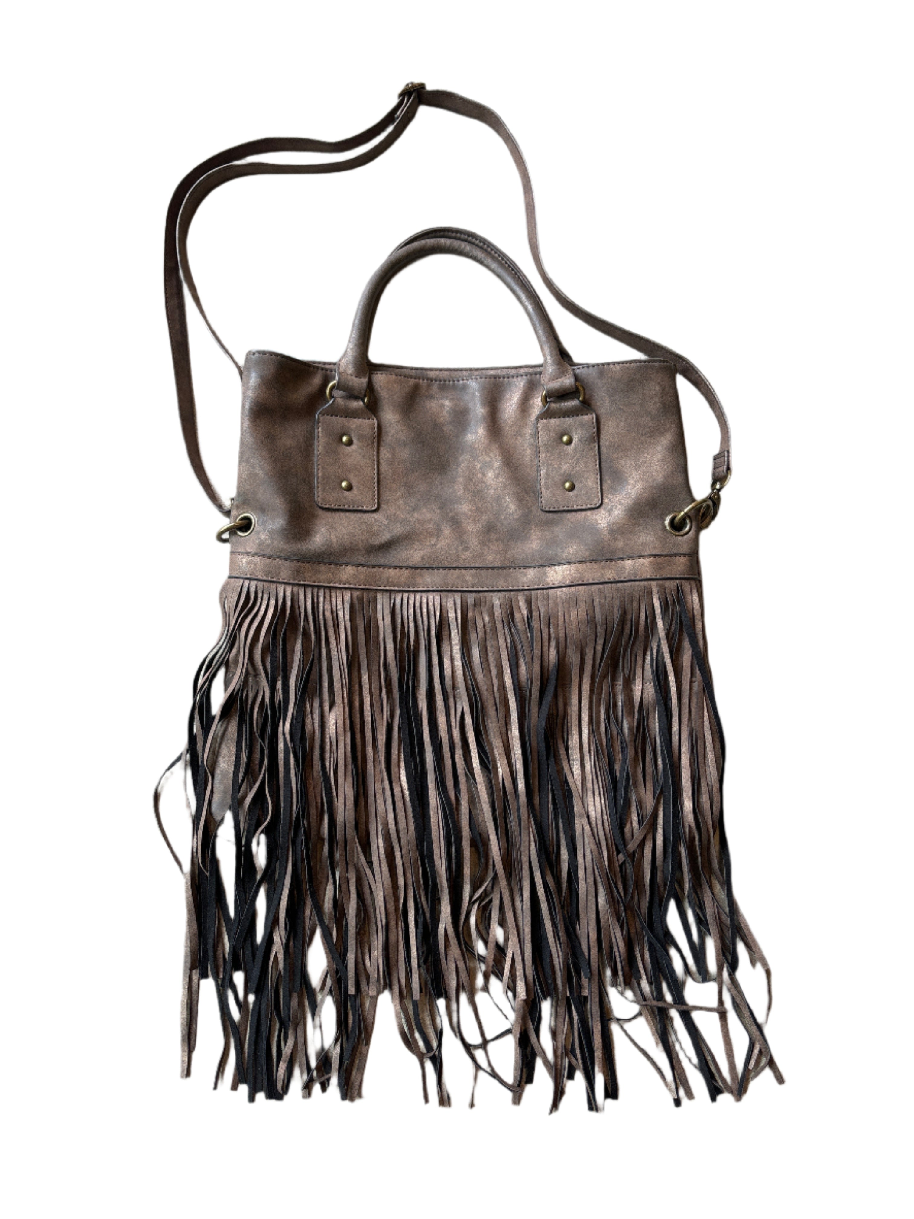 brown fringe leather handbag
