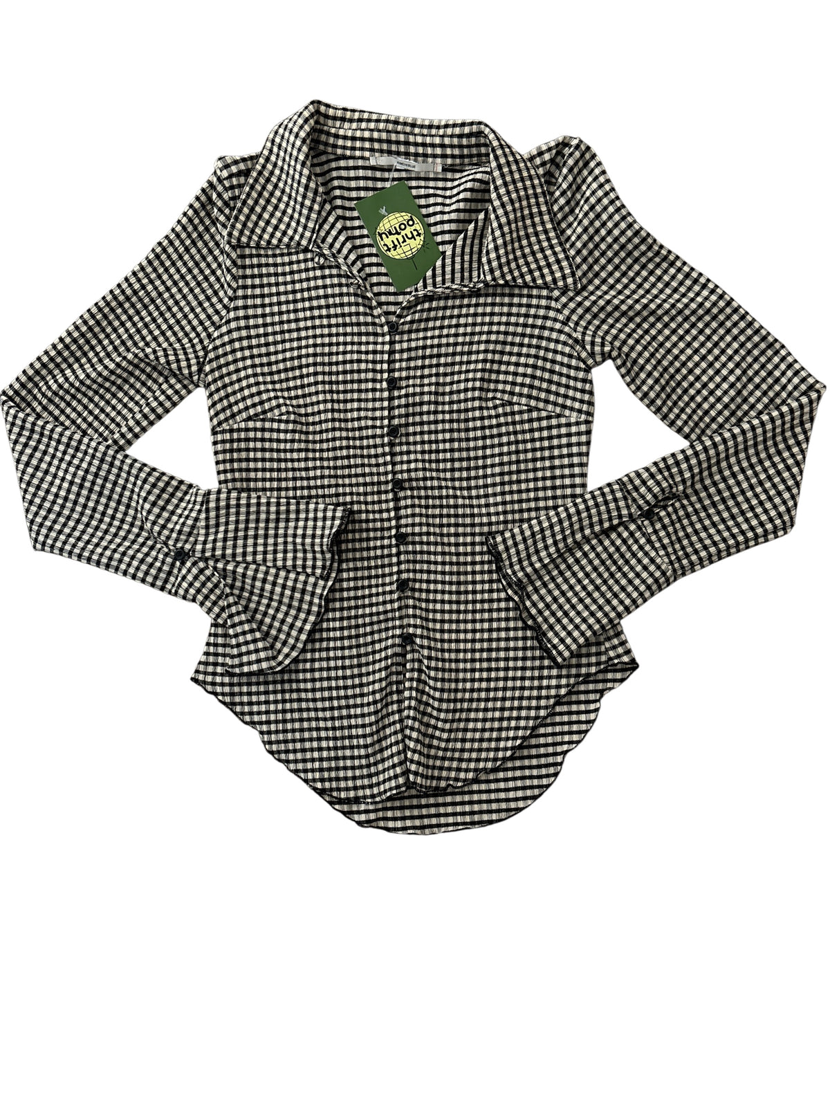 yellow black kimchi blue gridded flare sleeve button ls, s