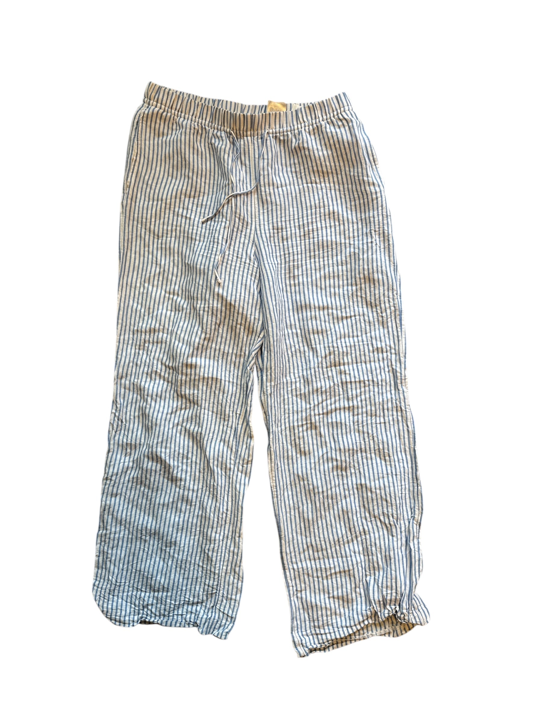 blue white h&m striped elastic linen pants, m