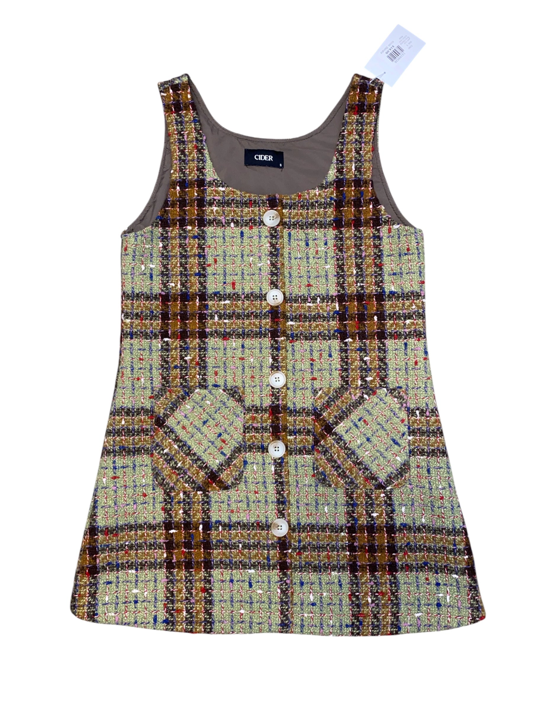green multi Cider Twee colorful button mini dress, S