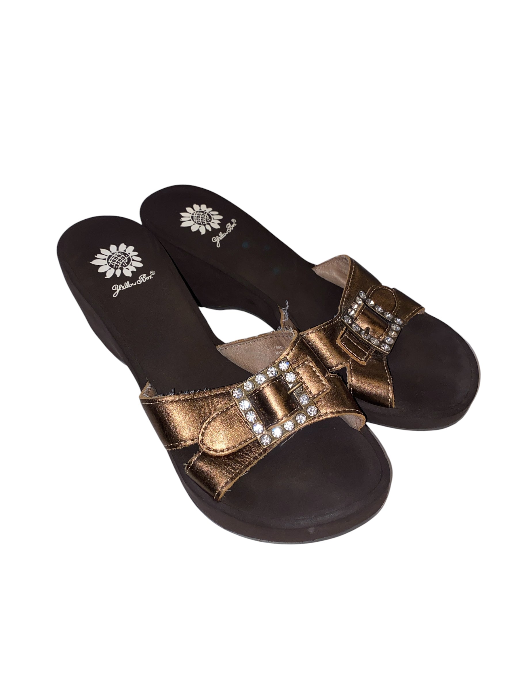 brown yellow box heeled buckle sandals, 9